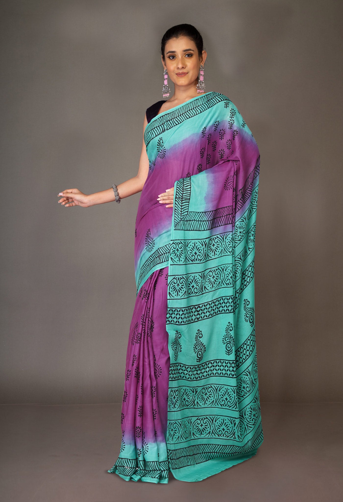 Purple Pure Dyed Hand Block Printed Soft Cotton Saree-UNM77504