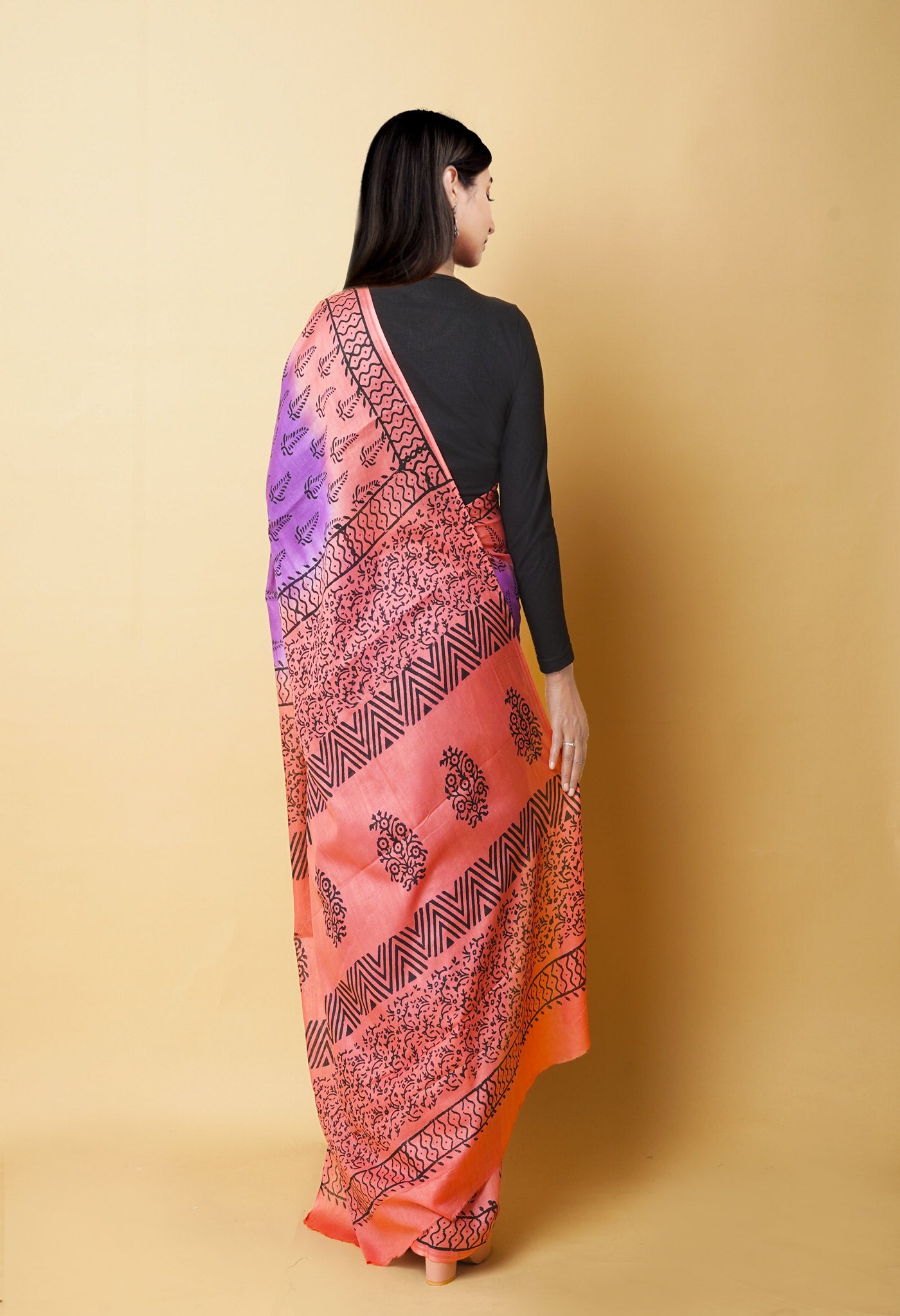 Purple Pure Dyed Hand Block Printed Soft Cotton Saree