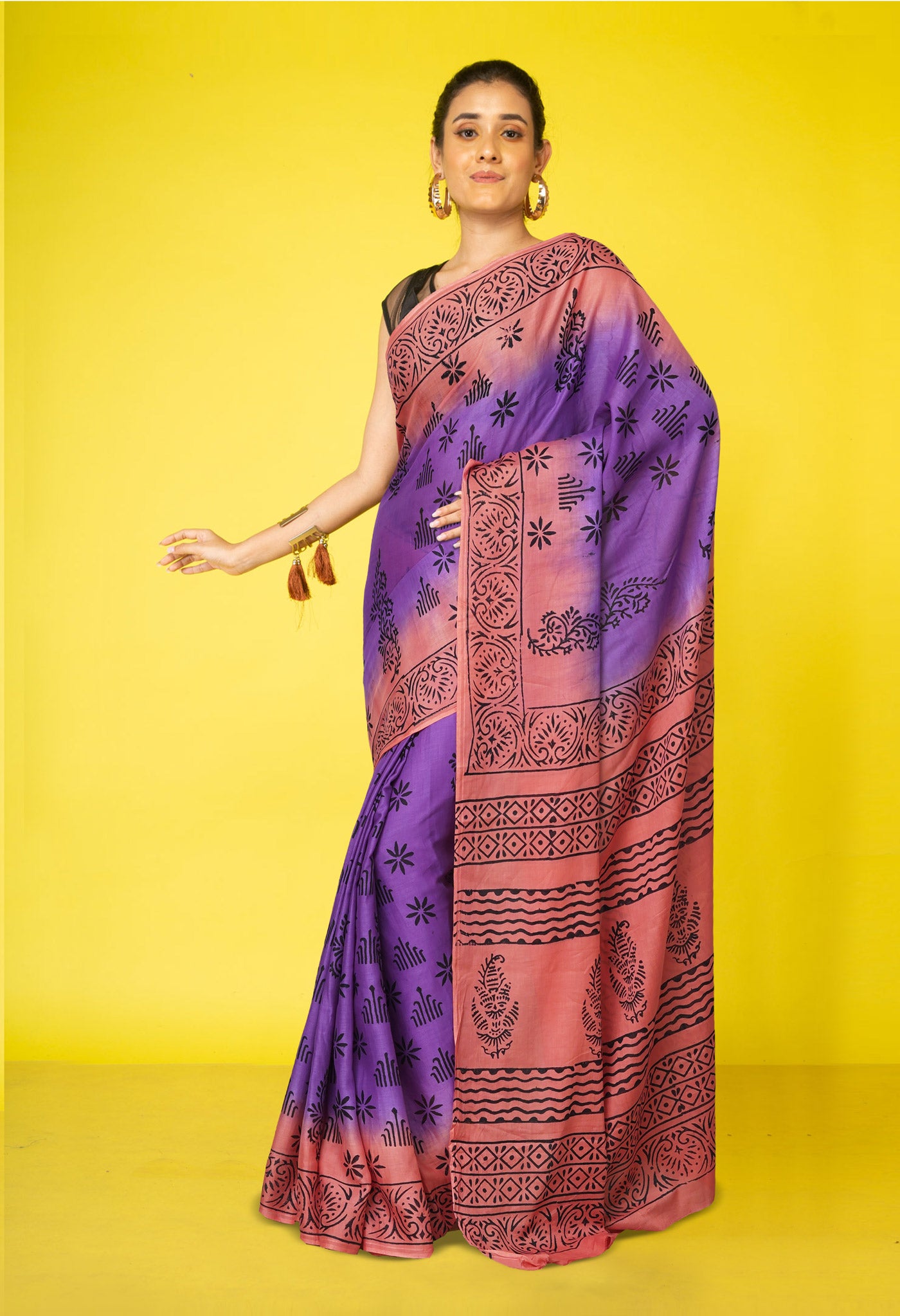 Purple Pure Dyed Hand Block Printed Soft Cotton Saree-UNM77508