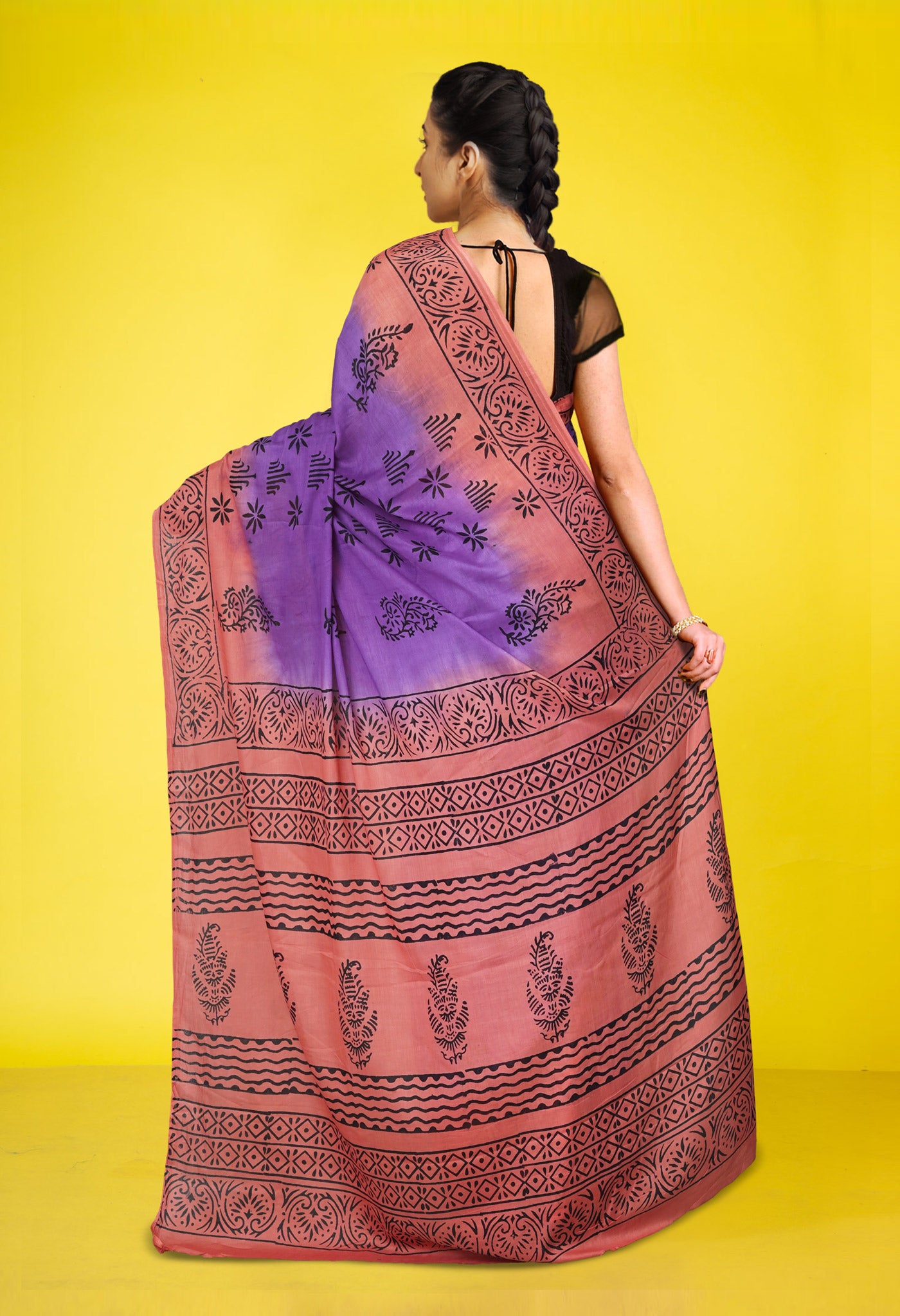 Purple Pure Dyed Hand Block Printed Soft Cotton Saree-UNM77508