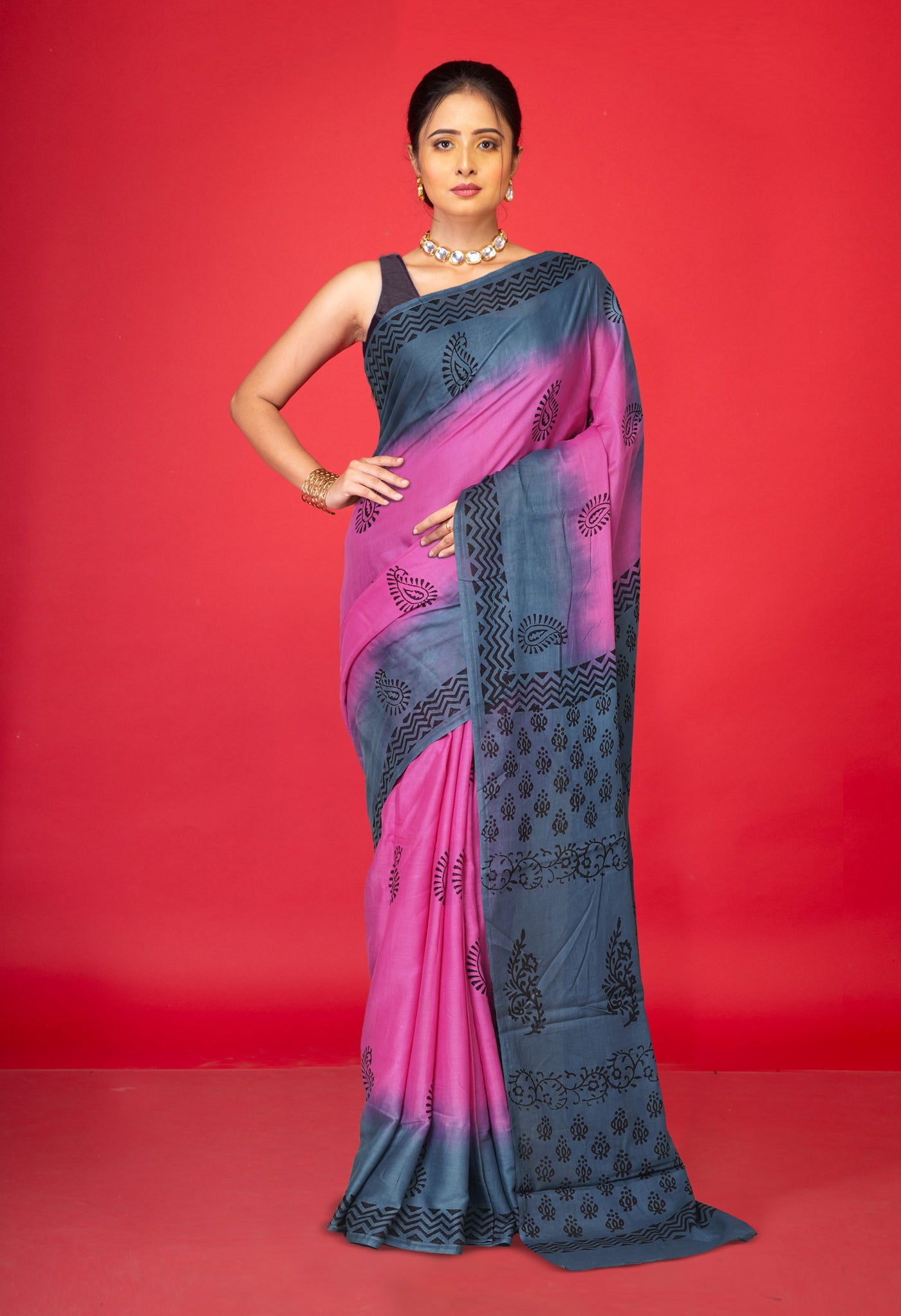 Pink Pure Dyed Hand Block Printed Soft Cotton Saree-UNM77509