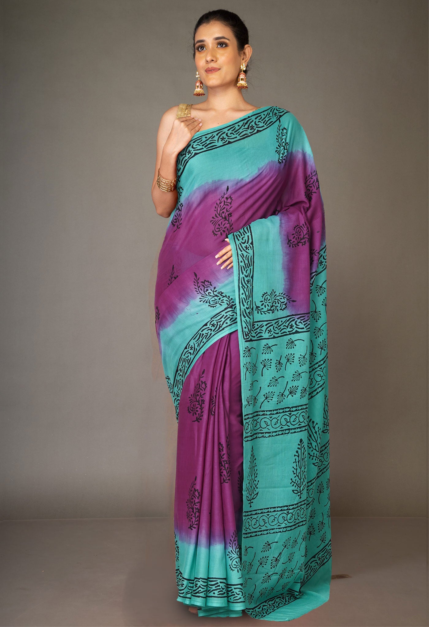 Purple Pure Dyed Hand Block Printed Soft Cotton Saree-UNM77511