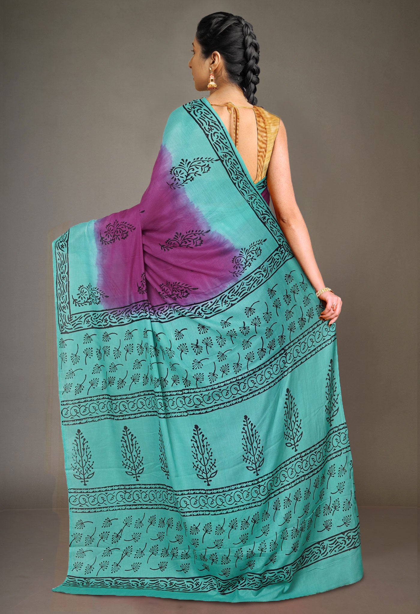 Purple Pure Dyed Hand Block Printed Soft Cotton Saree-UNM77511