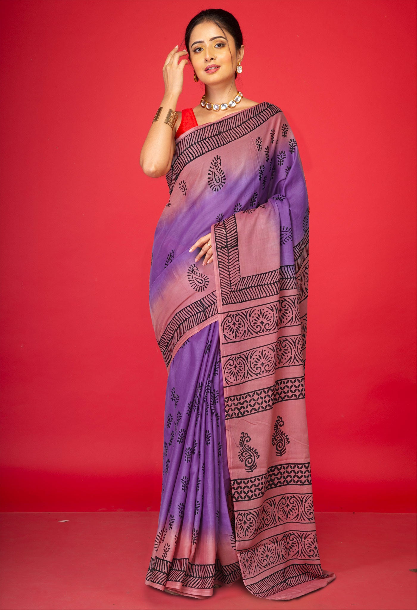 Purple Pure Dyed Hand Block Printed Soft Cotton Saree-UNM77513