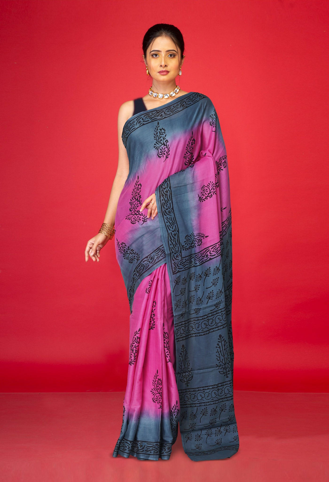 Pink Pure Dyed Hand Block Printed Soft Cotton Saree-UNM77514