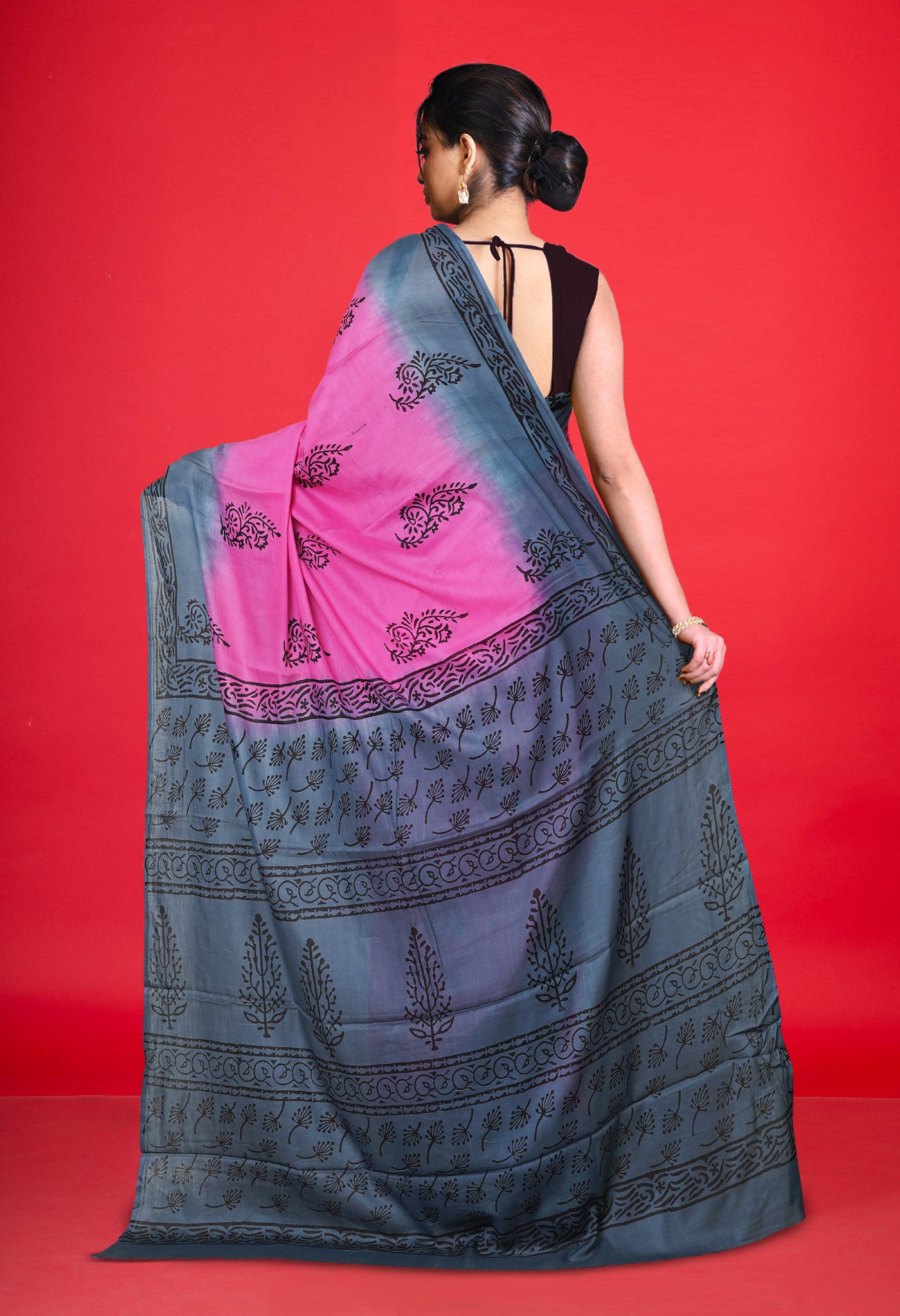 Pink Pure Dyed Hand Block Printed Soft Cotton Saree-UNM77514