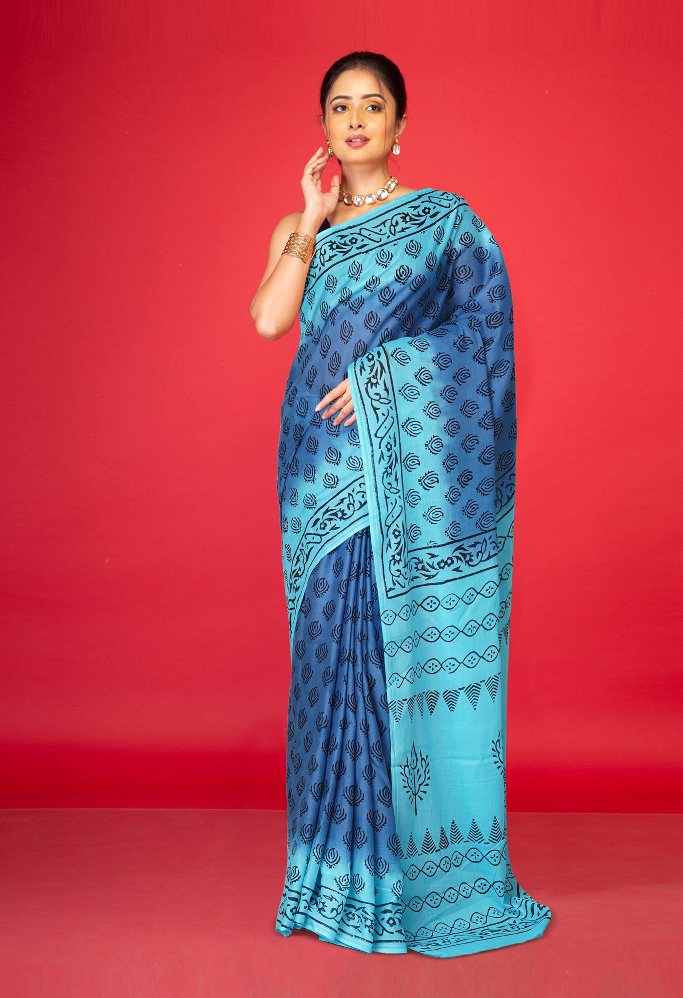 Blue Pure Dyed Hand Block Printed Soft Cotton Saree-UNM77516