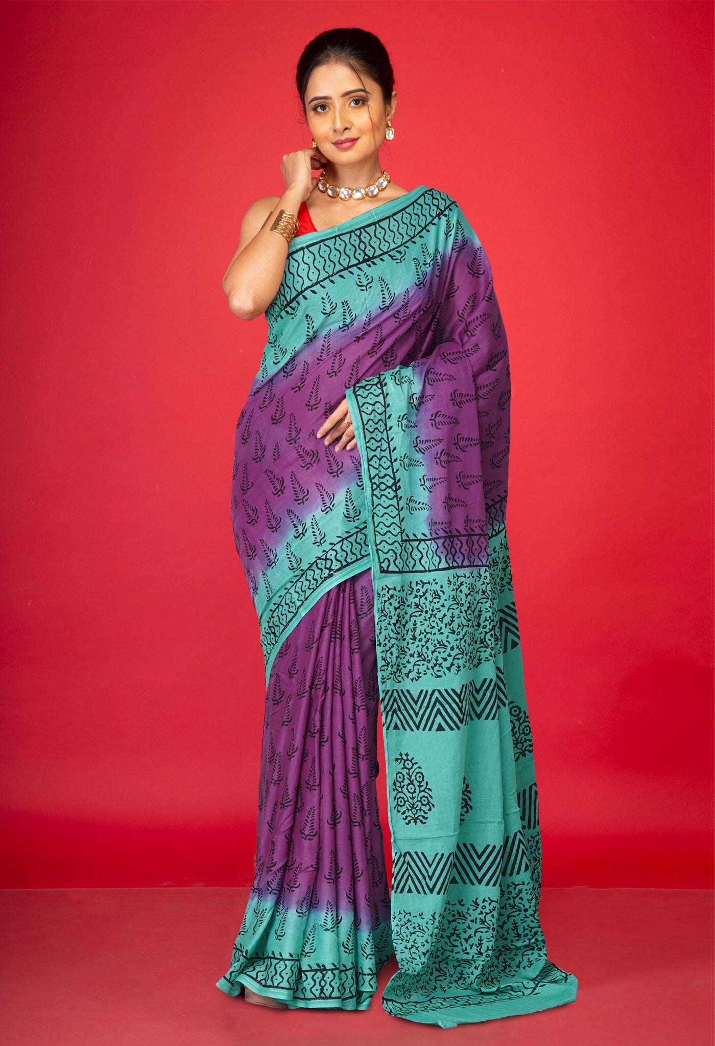 Purple Pure Dyed Hand Block Printed Soft Cotton Saree-UNM77519