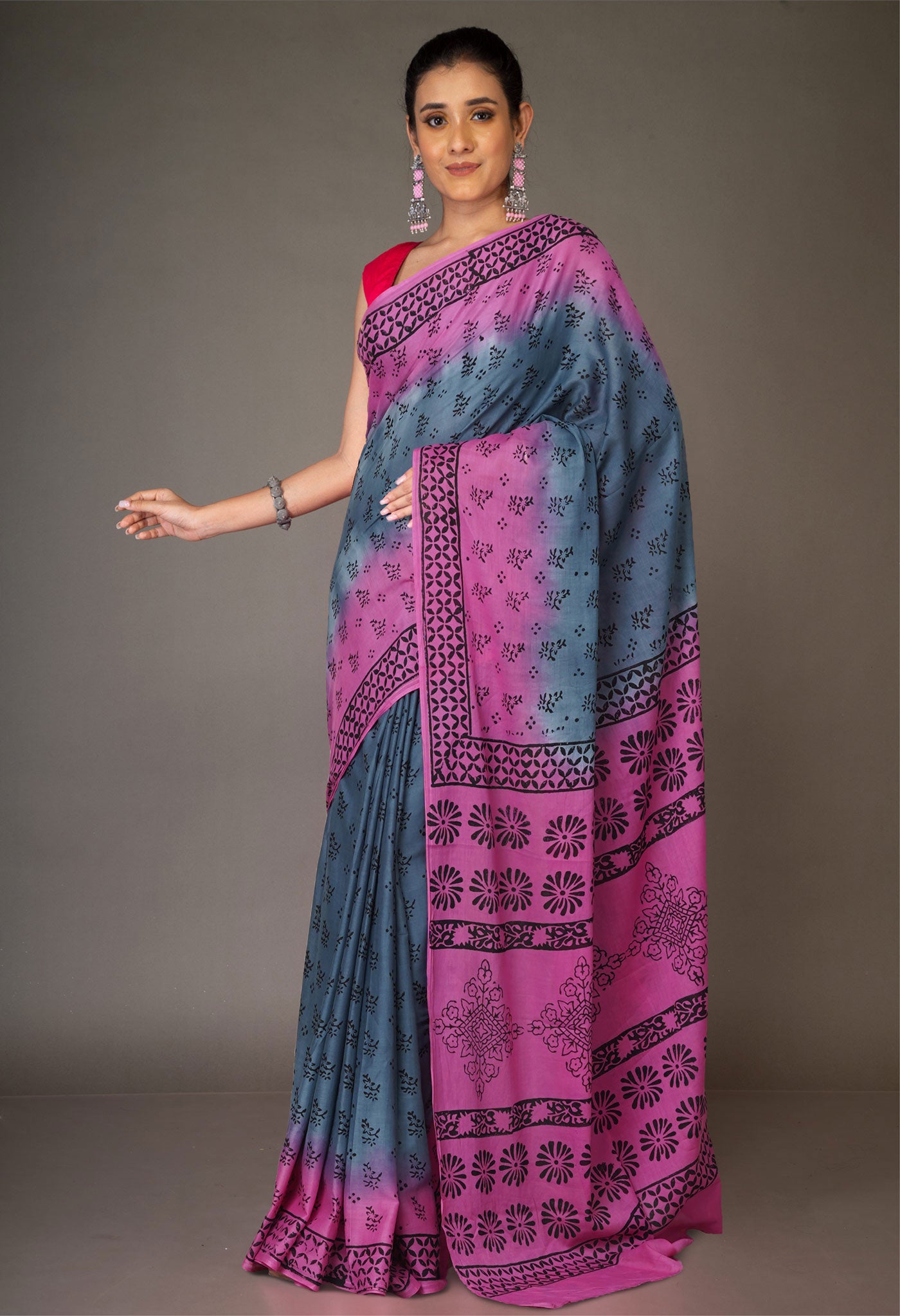 Grey Pure Dyed Hand Block Printed Soft Cotton Saree-UNM77520