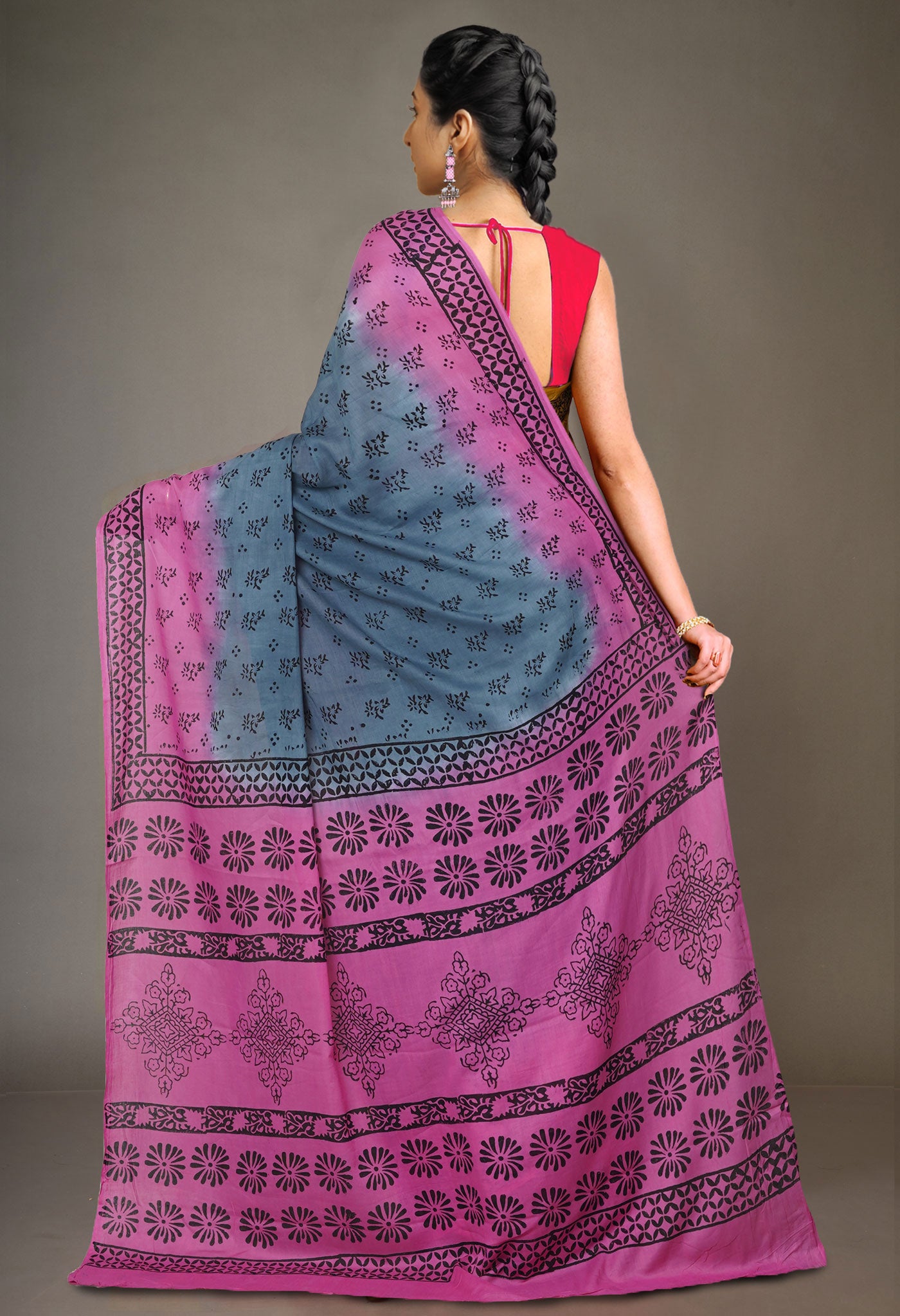 Grey Pure Dyed Hand Block Printed Soft Cotton Saree-UNM77520