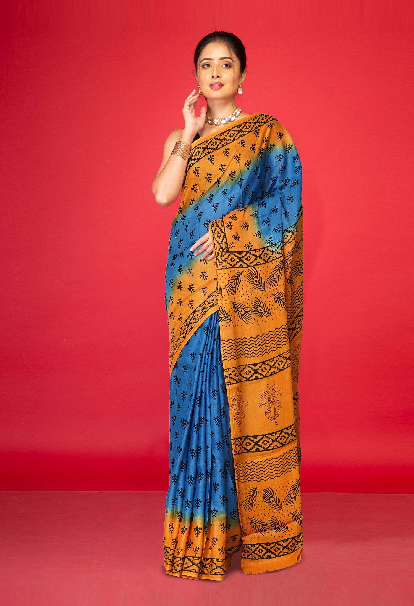 Blue Pure Dyed Hand Block Printed Soft Cotton Saree-UNM77523