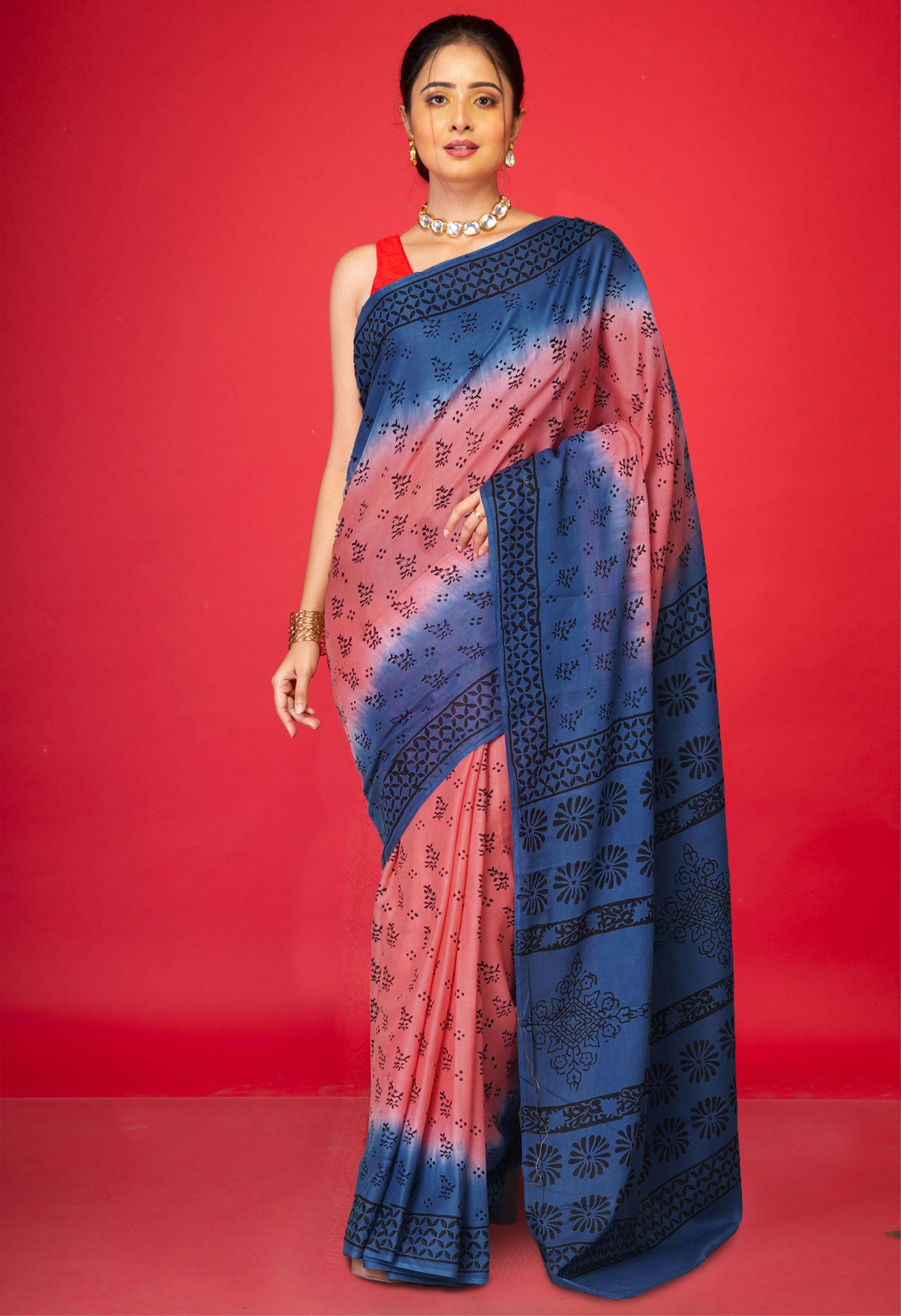 Peach Red Pure Dyed Hand Block Printed Soft Cotton Saree-UNM77524