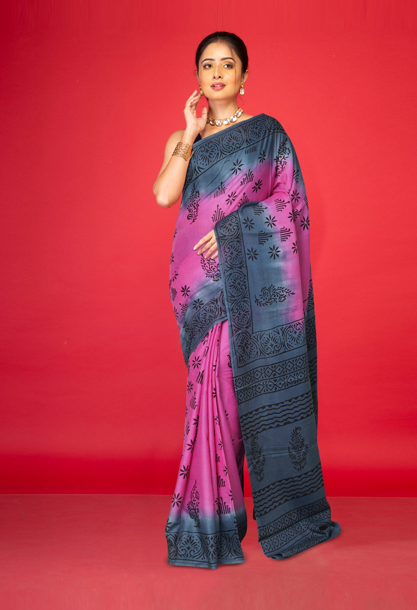 Pink Pure Dyed Hand Block Printed Soft Cotton Saree-UNM77525