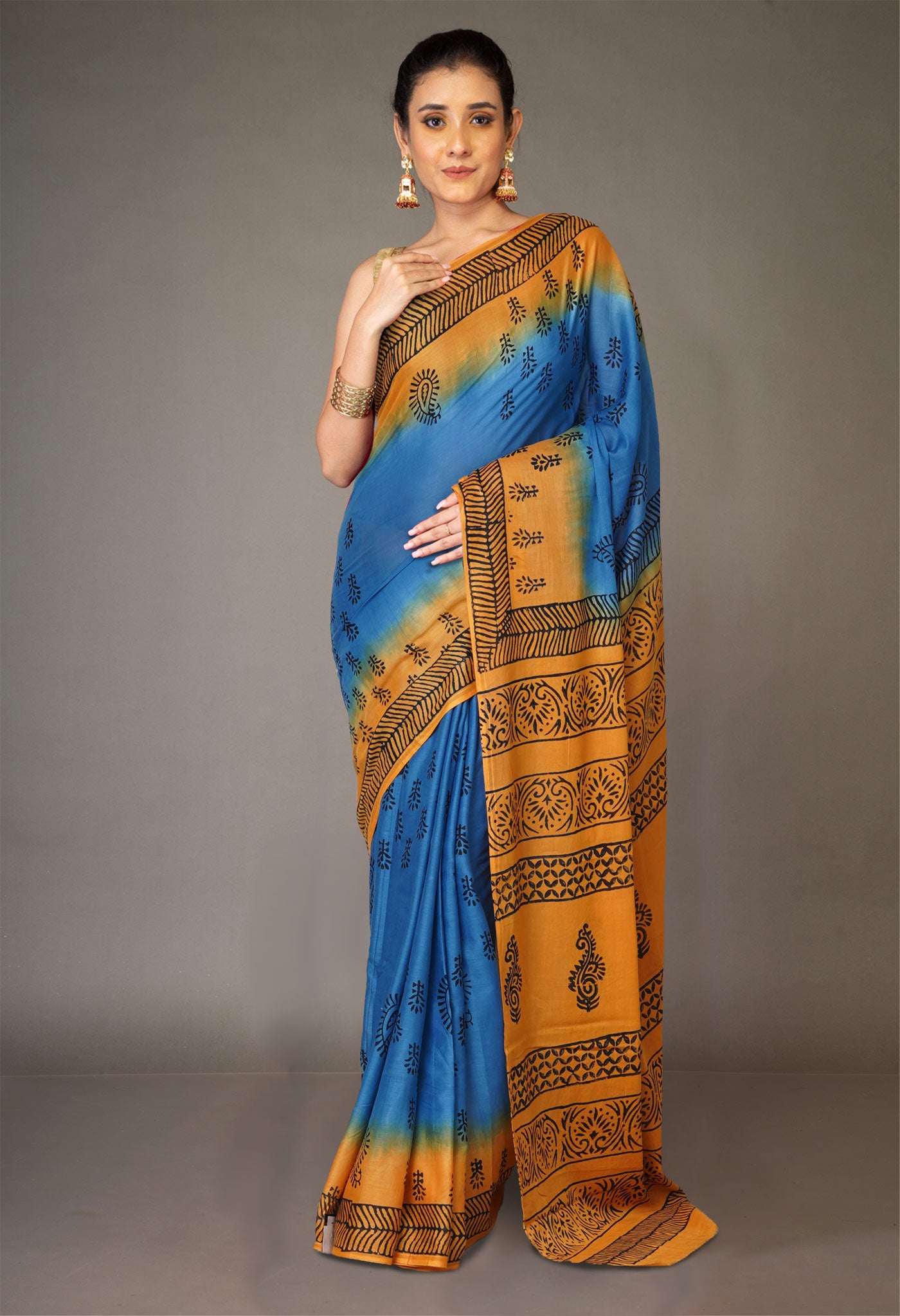 Blue Pure Dyed Hand Block Printed Soft Cotton Saree-UNM77527