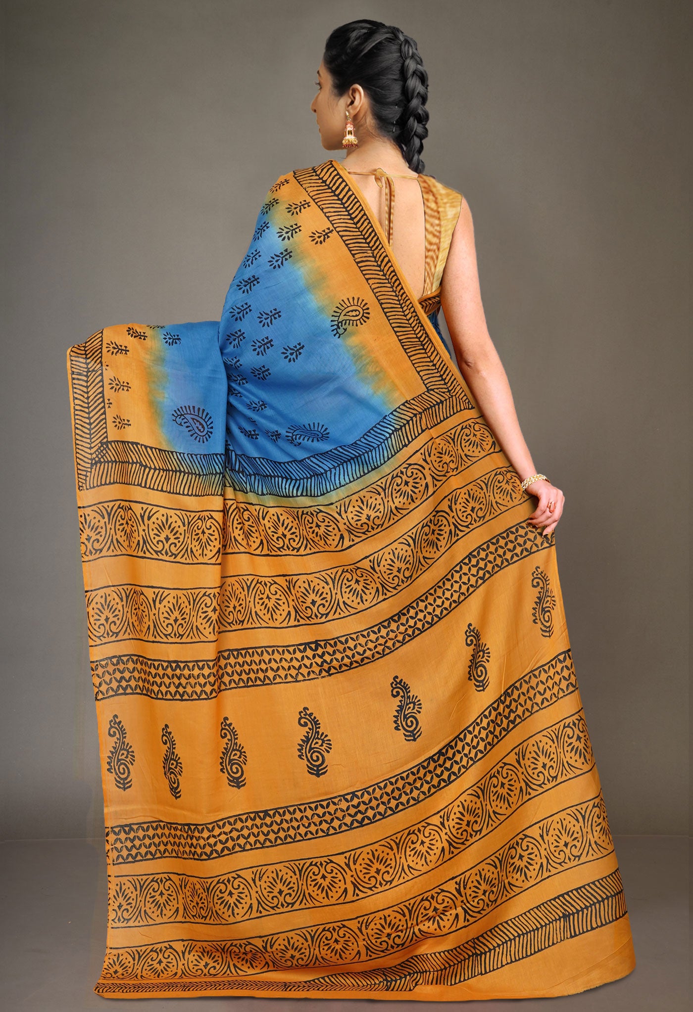 Blue Pure Dyed Hand Block Printed Soft Cotton Saree-UNM77527