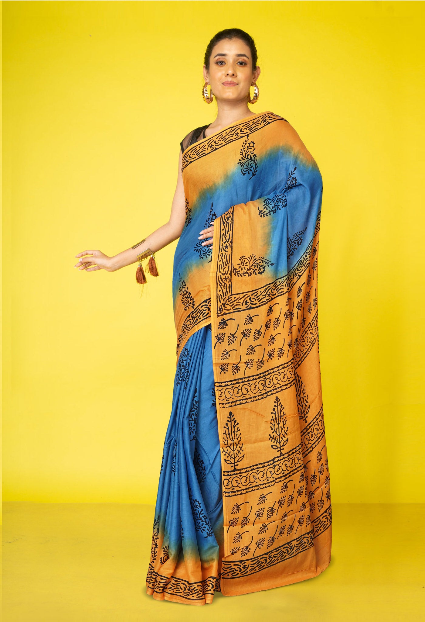 Blue Pure Dyed Hand Block Printed Soft Cotton Saree-UNM77531