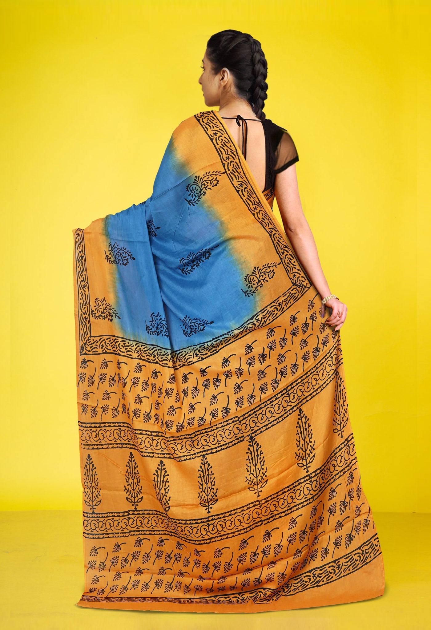 Blue Pure Dyed Hand Block Printed Soft Cotton Saree-UNM77531