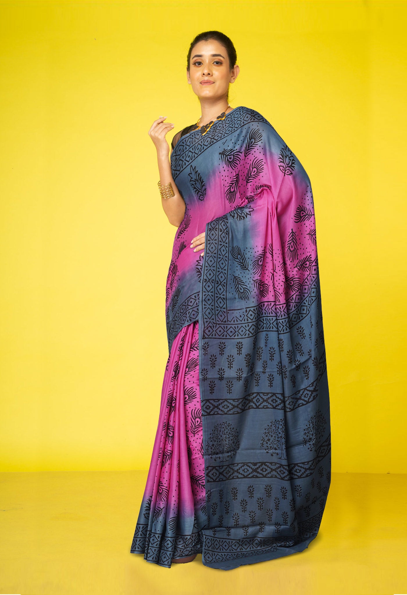 Pink Pure Dyed Hand Block Printed Soft Cotton Saree-UNM77533