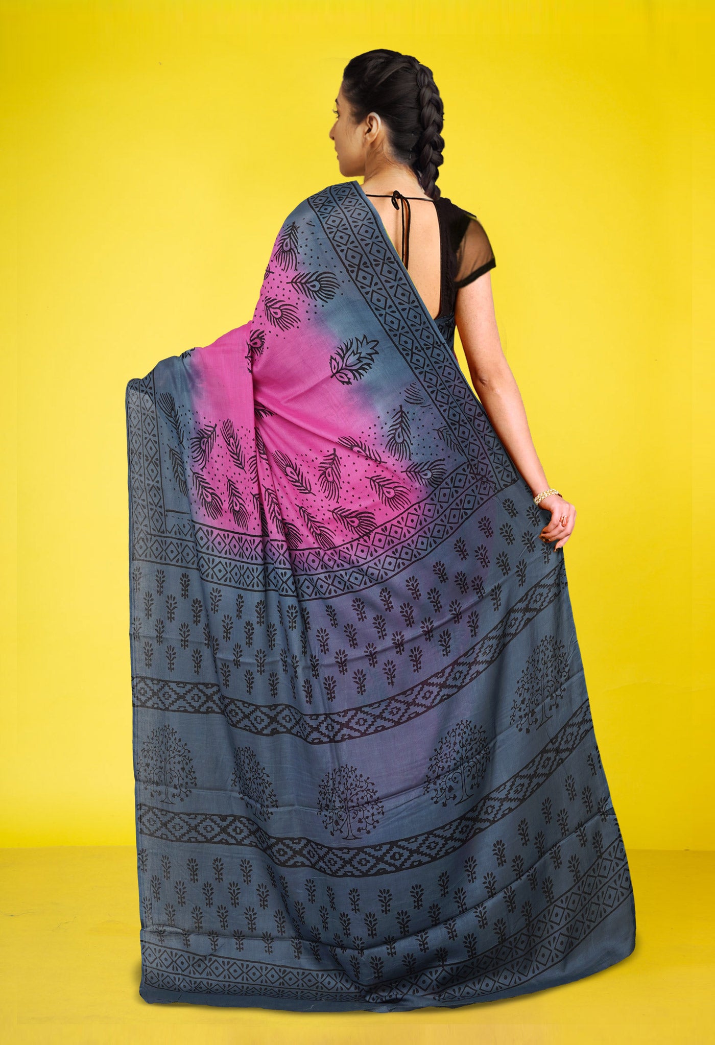 Pink Pure Dyed Hand Block Printed Soft Cotton Saree-UNM77533