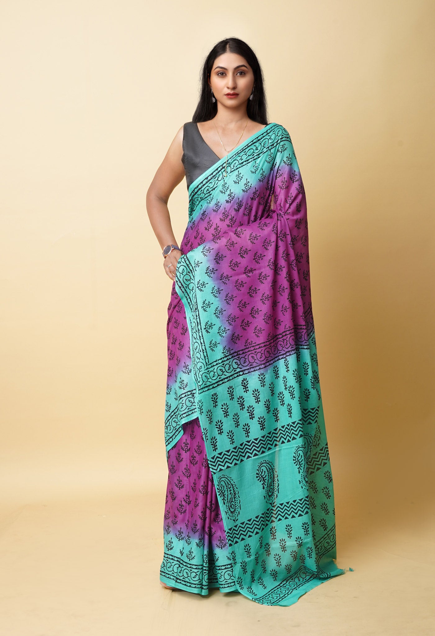 Buy Purple Pure Dyed Hand Block Printed Soft Cotton Saree-UNM77535 ...