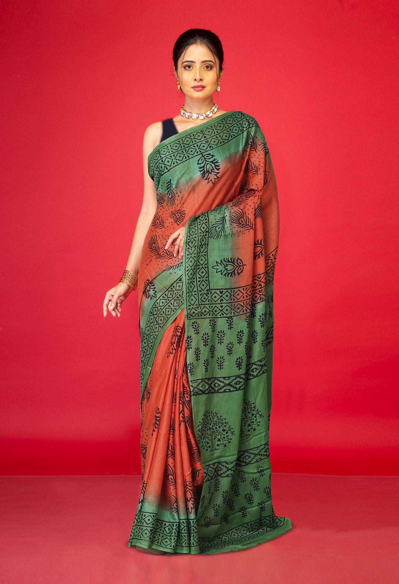 Orange Pure Dyed Hand Block Printed Soft Cotton Saree-UNM77536