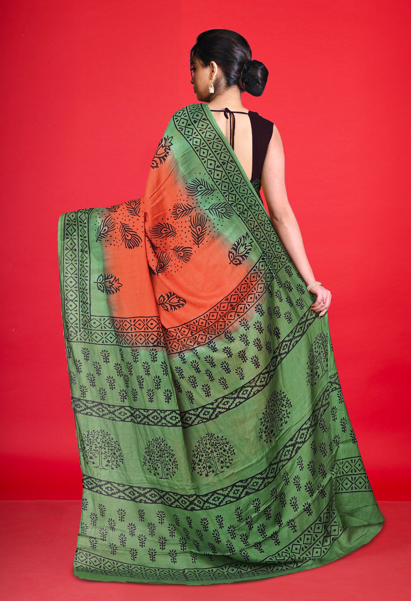 Orange Pure Dyed Hand Block Printed Soft Cotton Saree-UNM77536