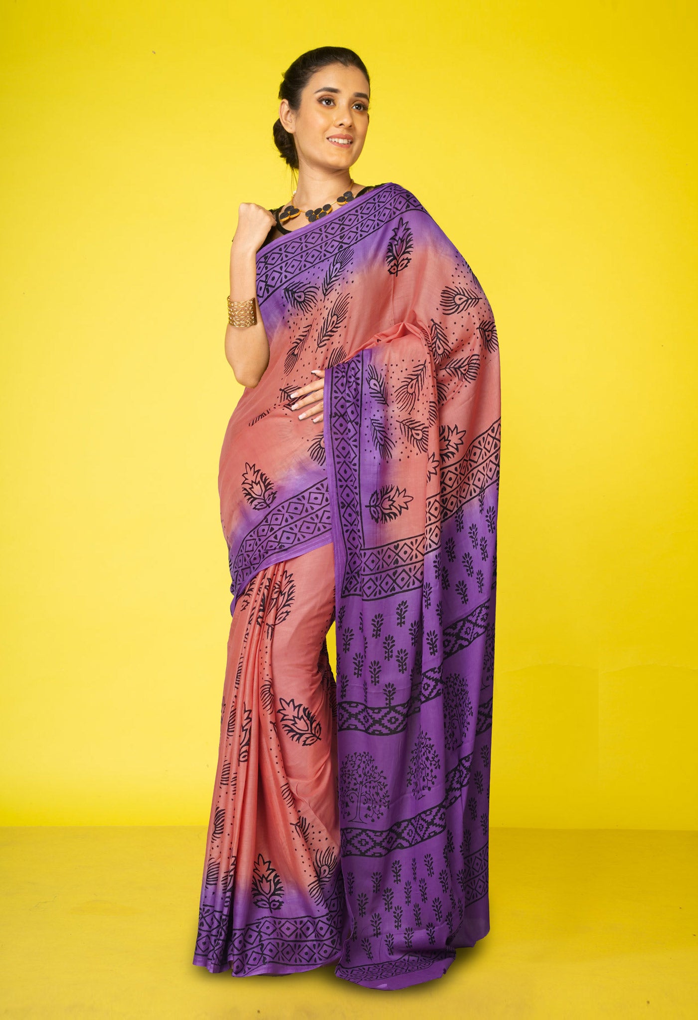 Peach Red Pure Dyed Hand Block Printed Soft Cotton Saree-UNM77538