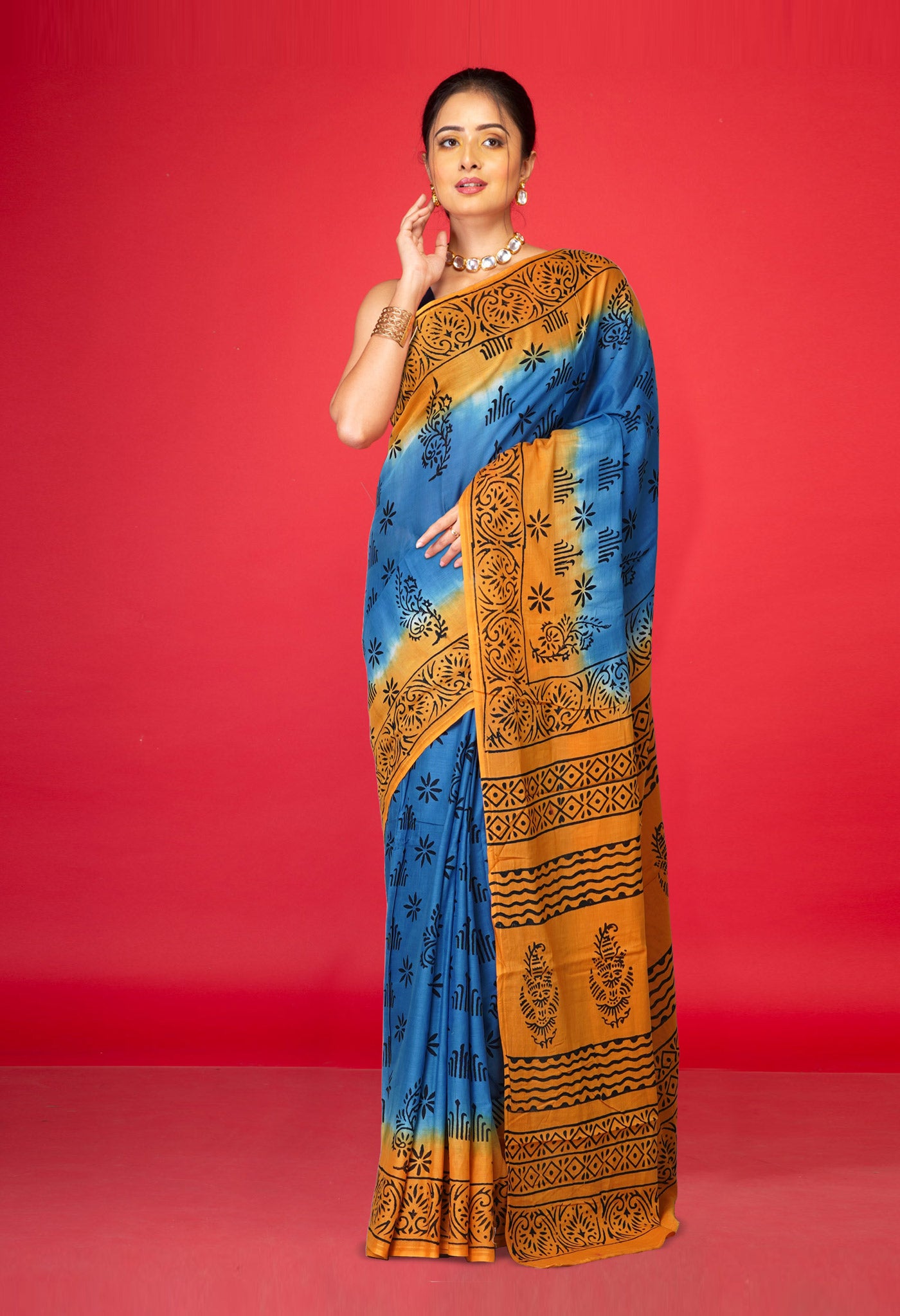 Blue Pure Dyed Hand Block Printed Soft Cotton Saree-UNM77539