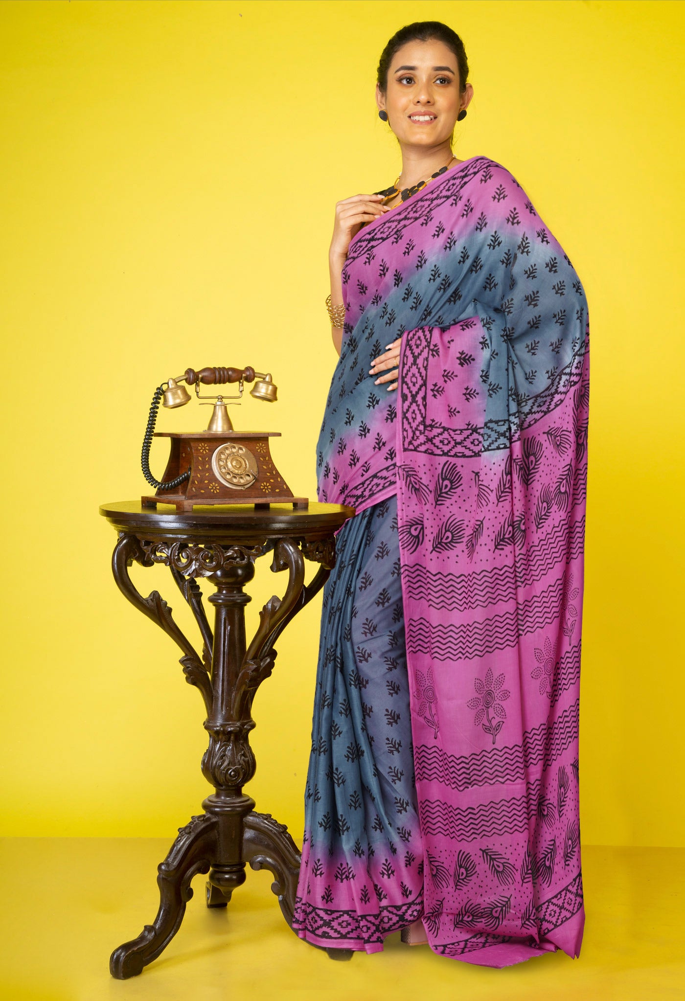 Grey Pure Dyed Hand Block Printed Soft Cotton Saree-UNM77541