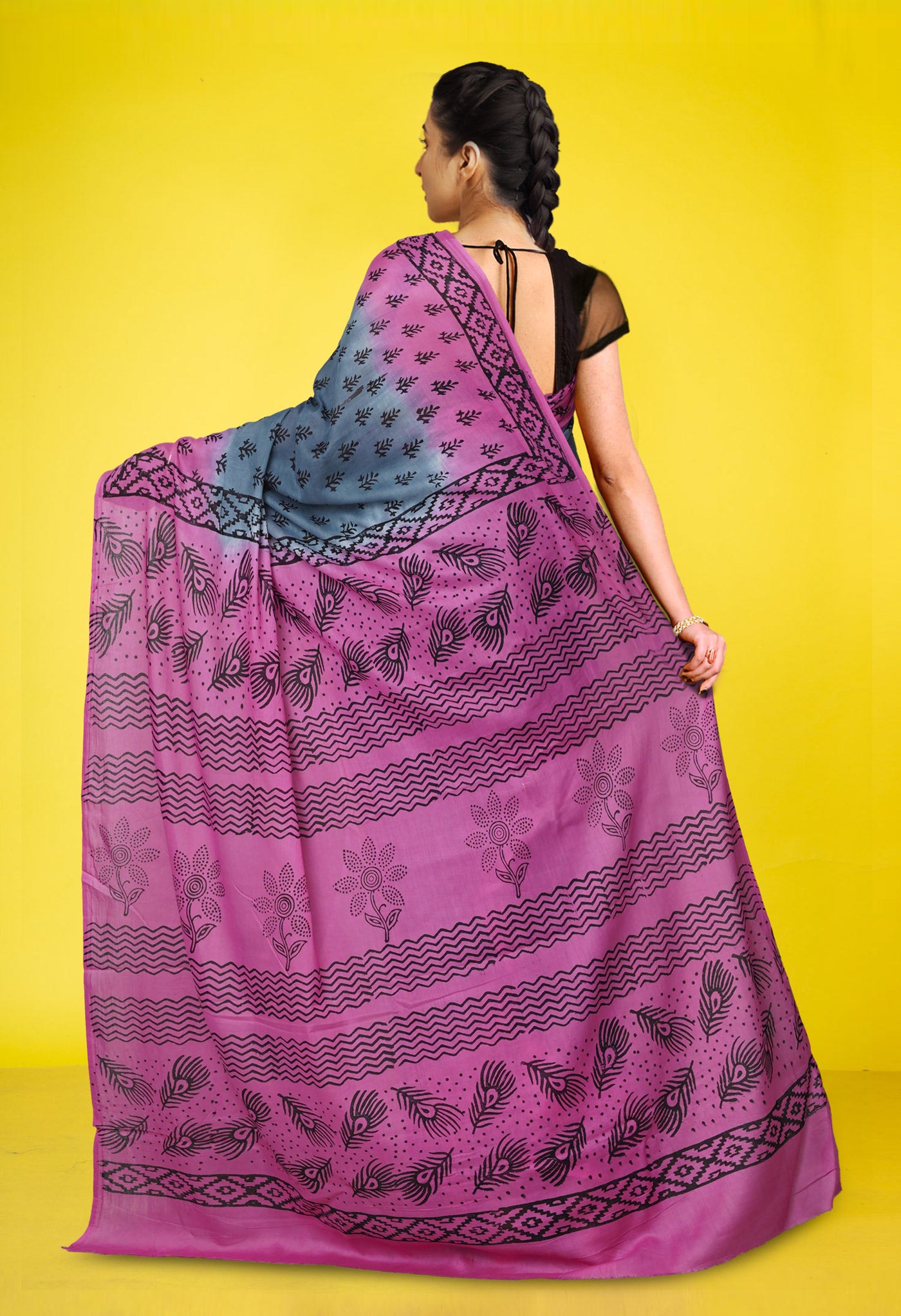 Grey Pure Dyed Hand Block Printed Soft Cotton Saree-UNM77541