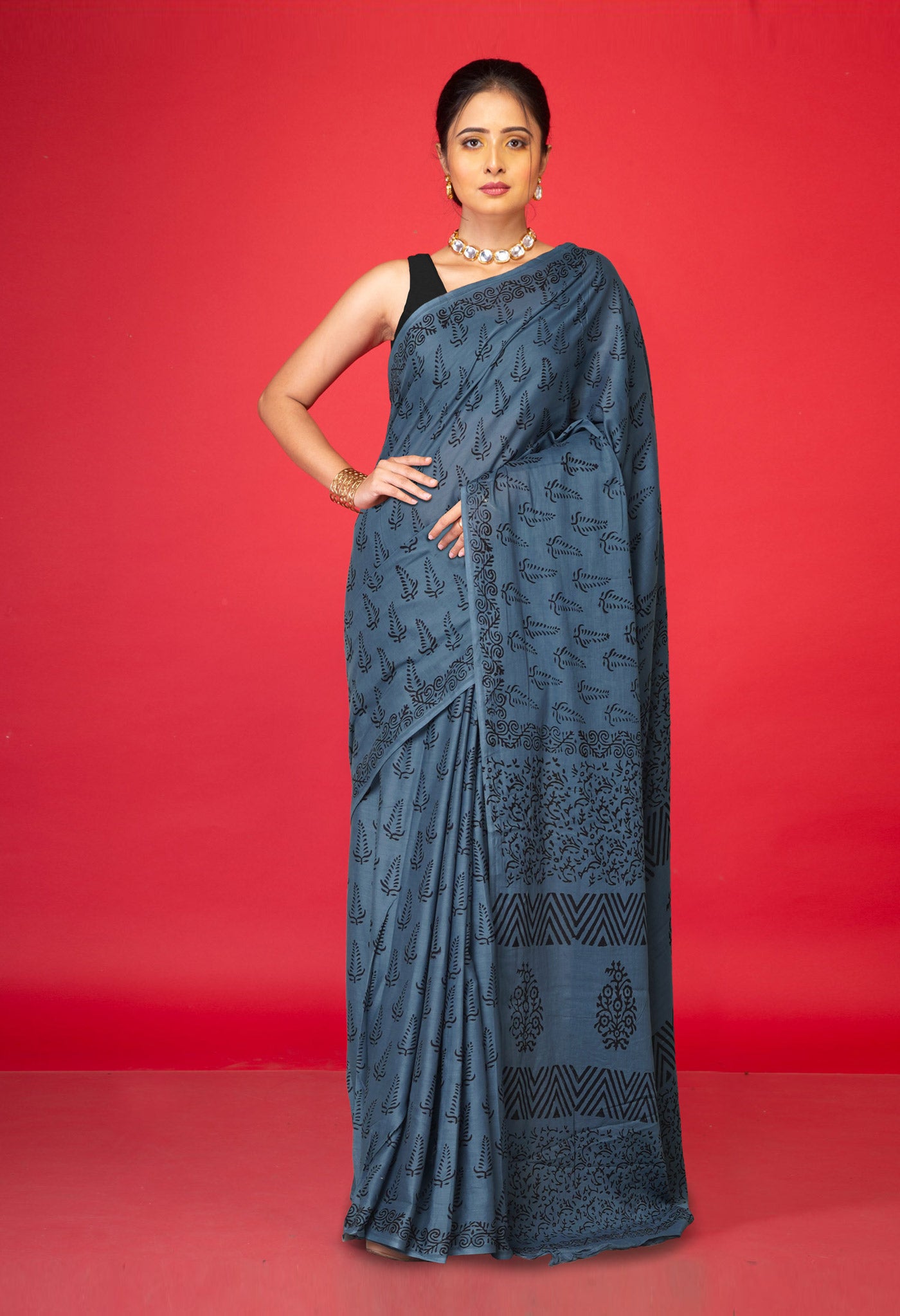 Grey Pure Dyed Hand Block Printed Soft Cotton Saree-UNM77542