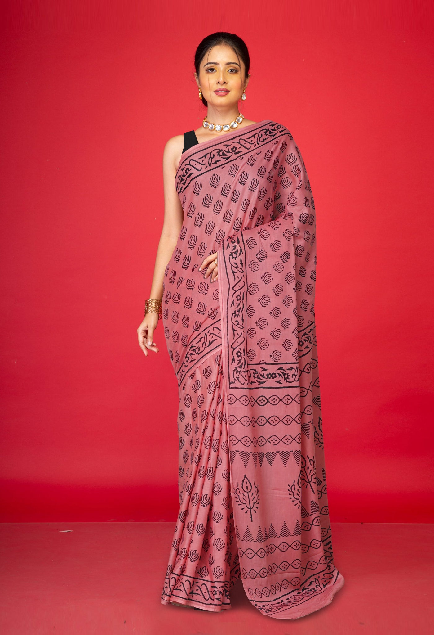 Peach Red Pure Dyed Hand Block Printed Soft Cotton Saree-UNM77543