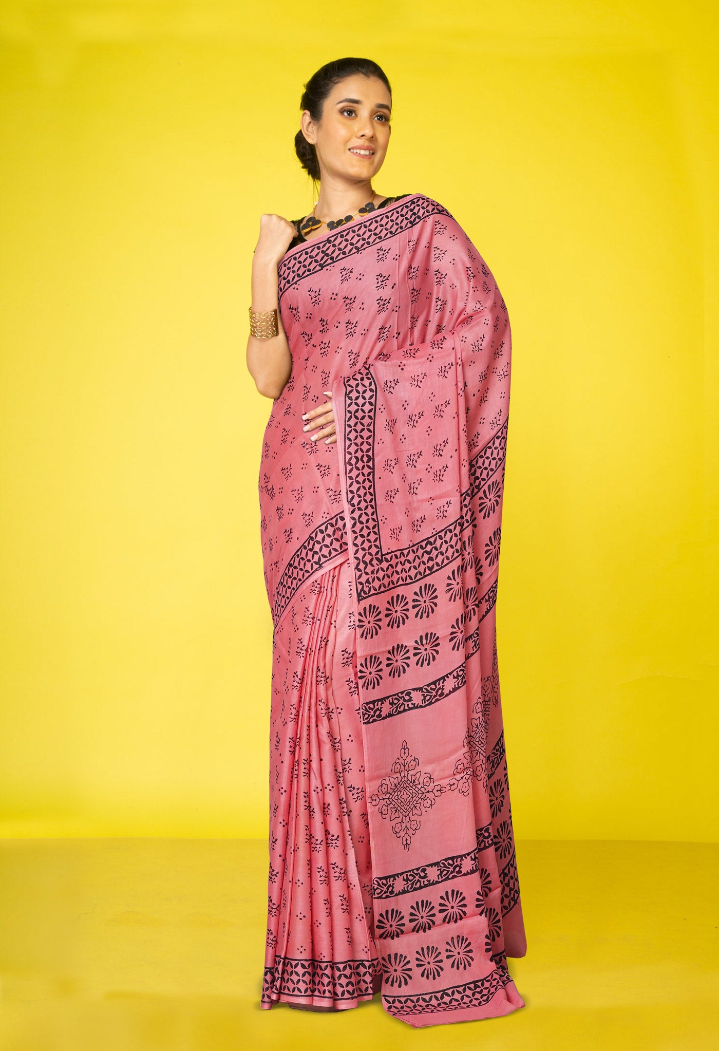 Peach Red Pure Dyed Hand Block Printed Soft Cotton Saree-UNM77547