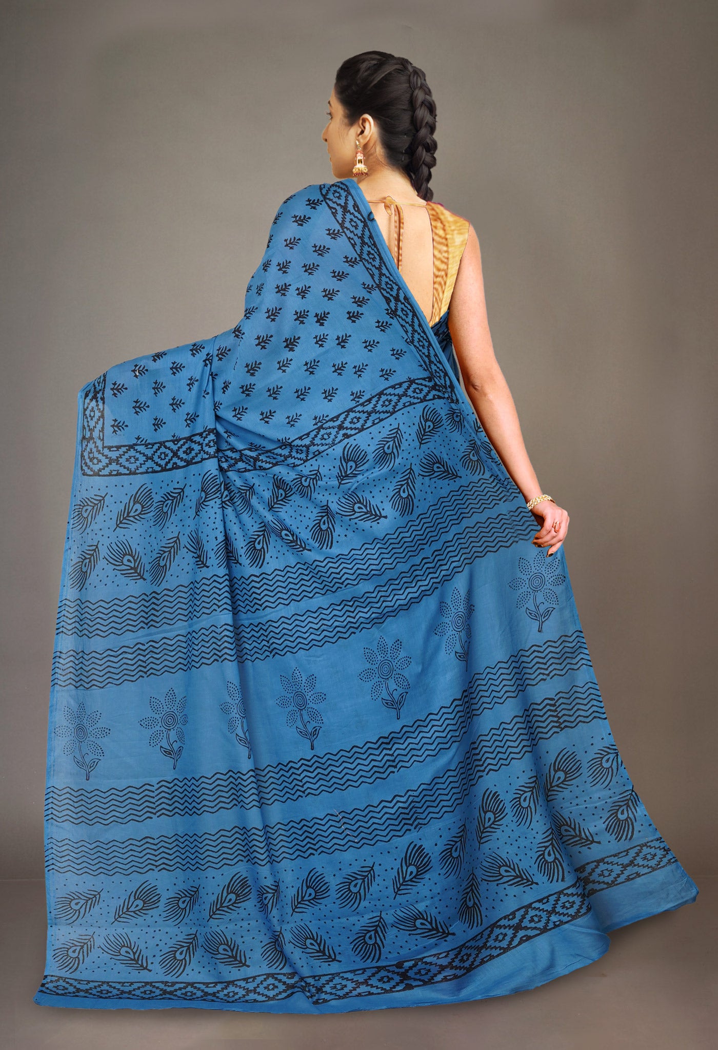 Blue Pure Dyed Hand Block Printed Soft Cotton Saree-UNM77553