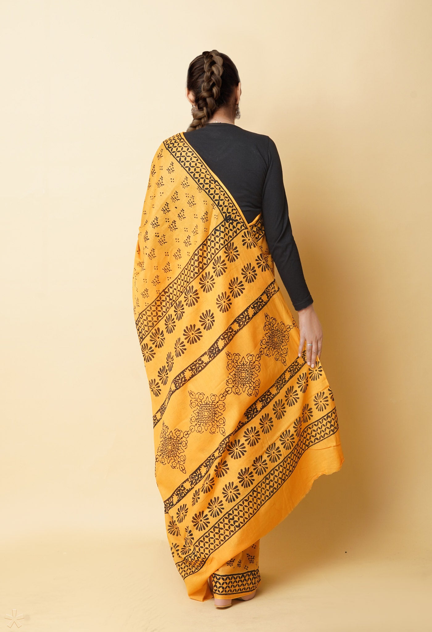 Yellow Pure Dyed Hand Block Printed Soft Cotton Saree