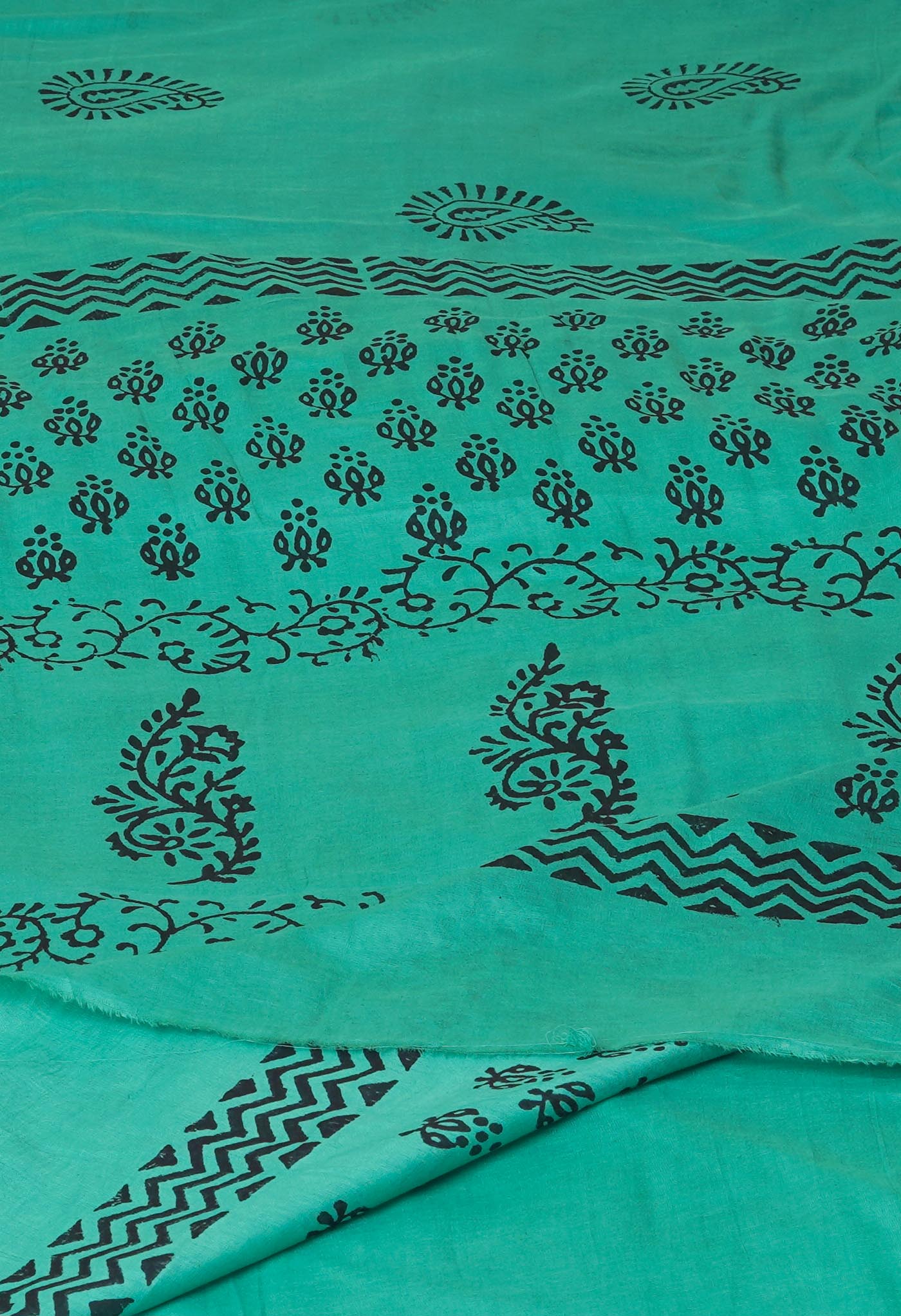 Green Pure Dyed Hand Block Printed Soft Cotton Saree