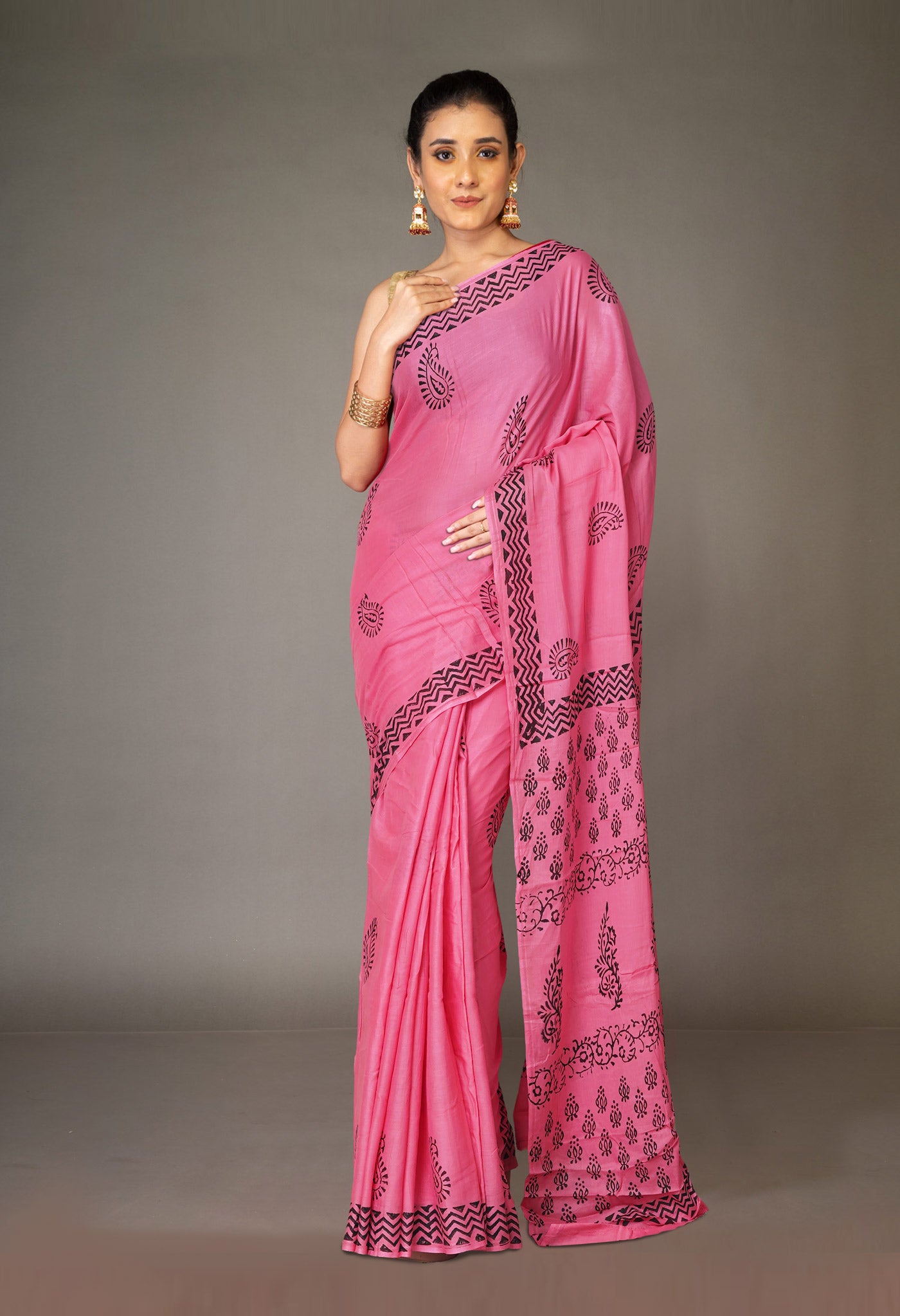 Pink Pure Dyed Hand Block Printed Soft Cotton Saree-UNM77568