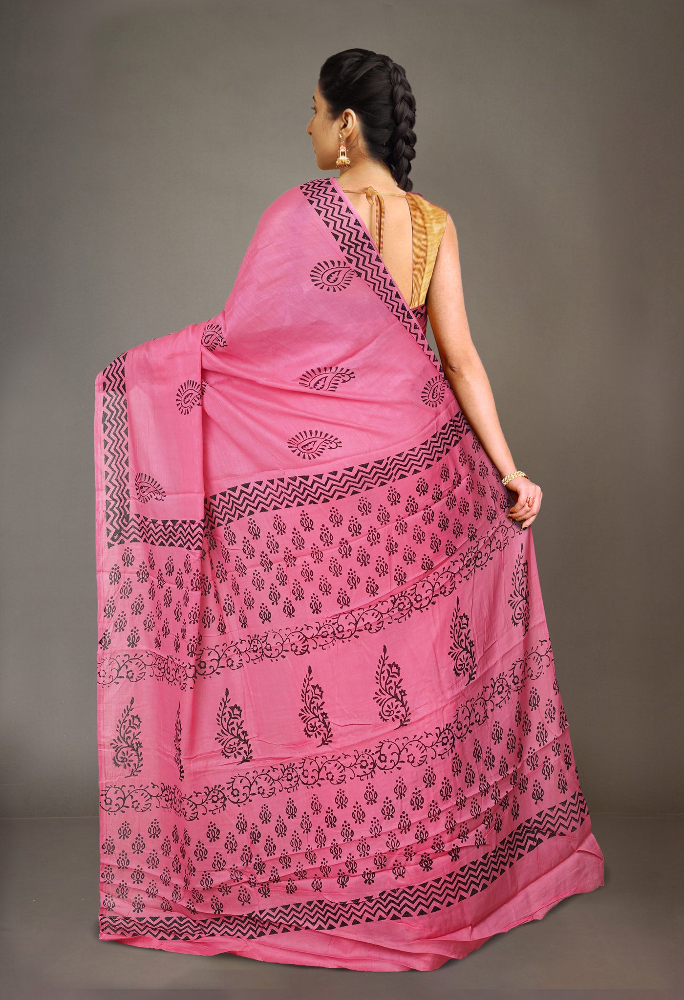 Pink Pure Dyed Hand Block Printed Soft Cotton Saree-UNM77568