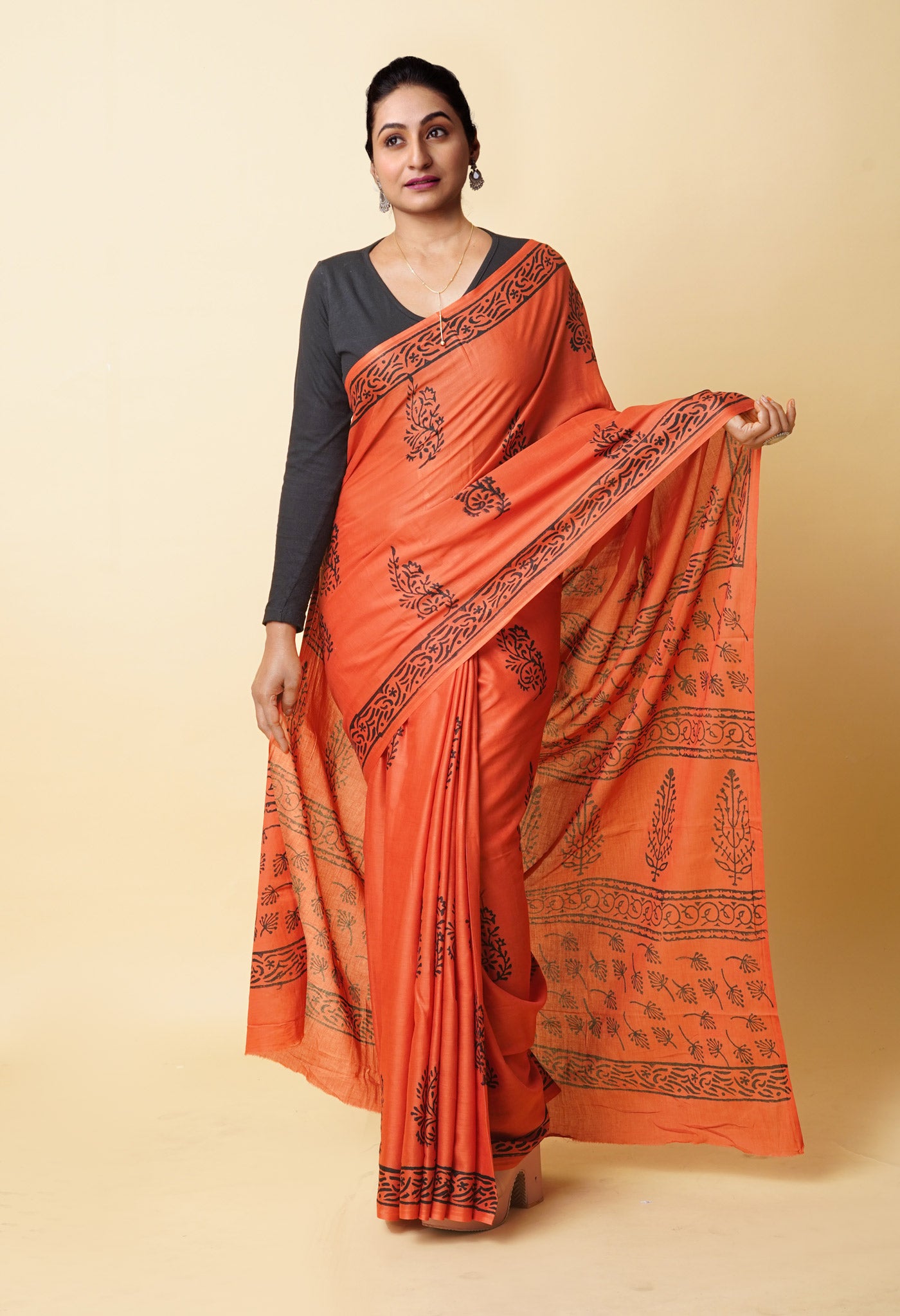 Orange Pure Dyed Hand Block Printed Soft Cotton Saree-UNM77579