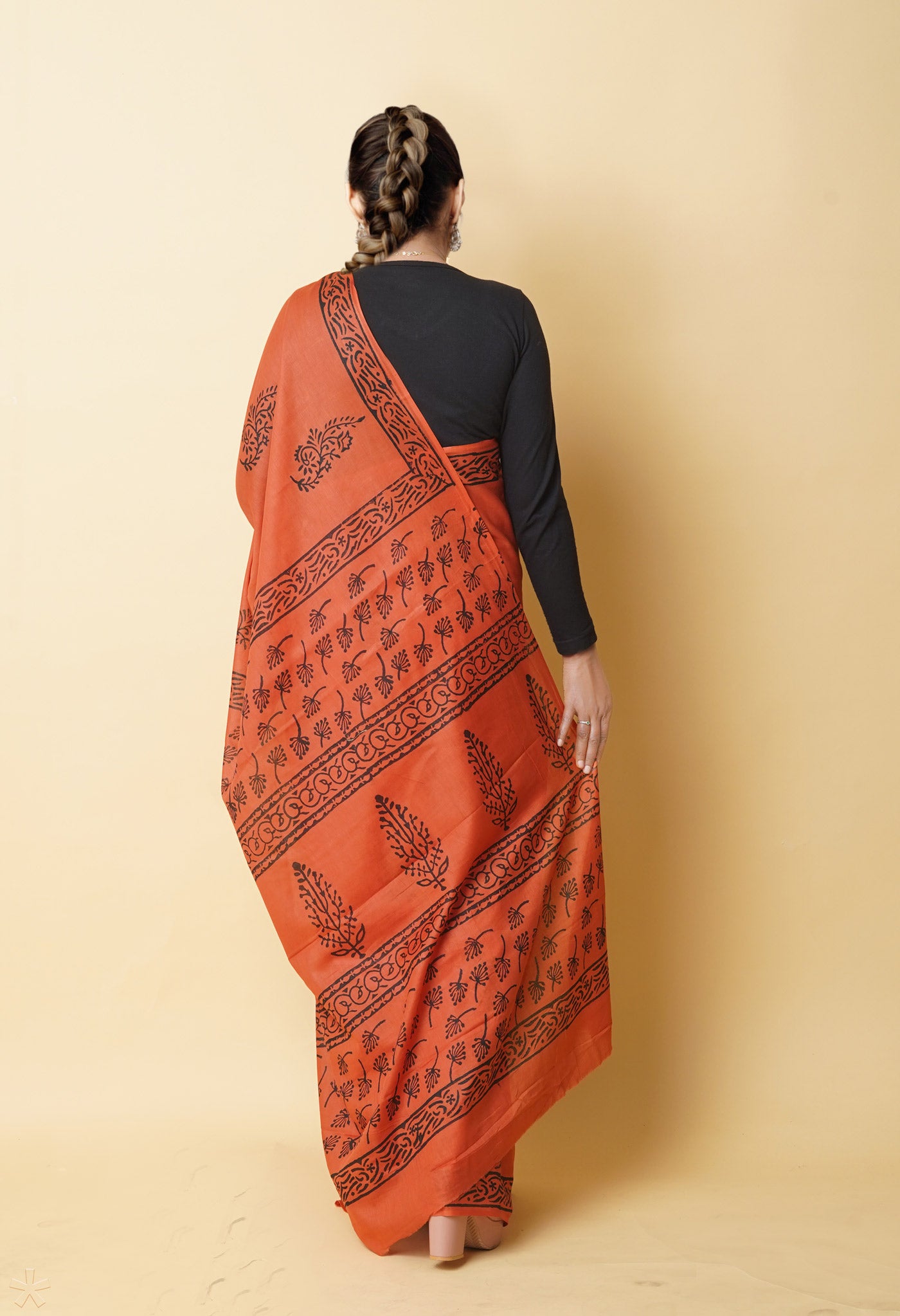 Orange Pure Dyed Hand Block Printed Soft Cotton Saree-UNM77579