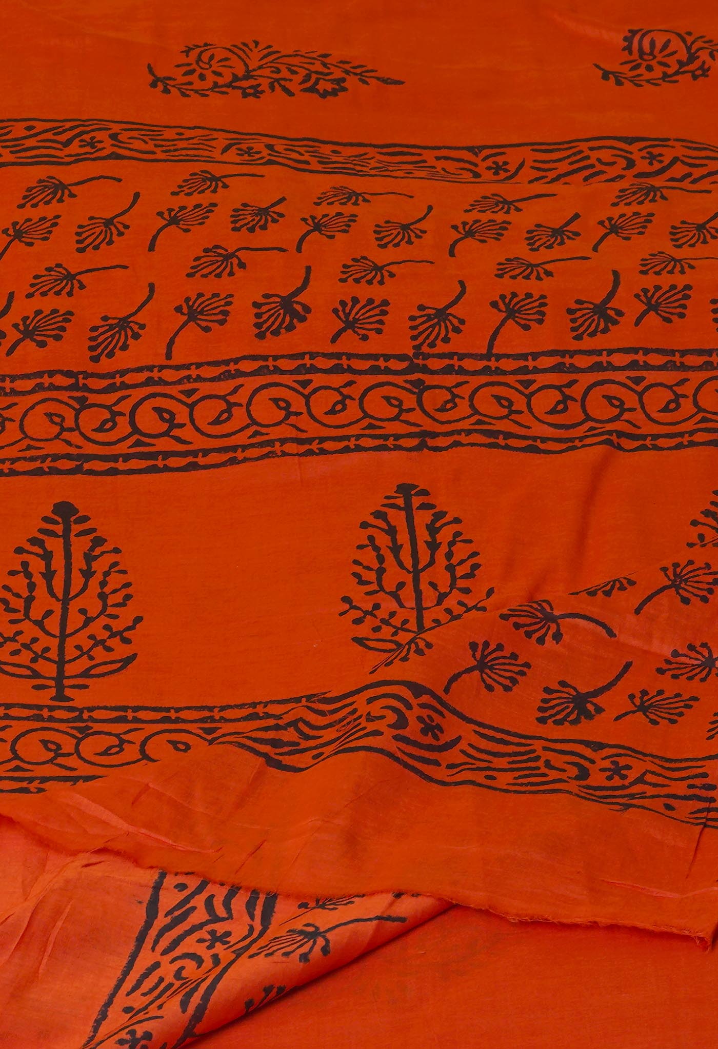 Orange Pure Dyed Hand Block Printed Soft Cotton Saree-UNM77579