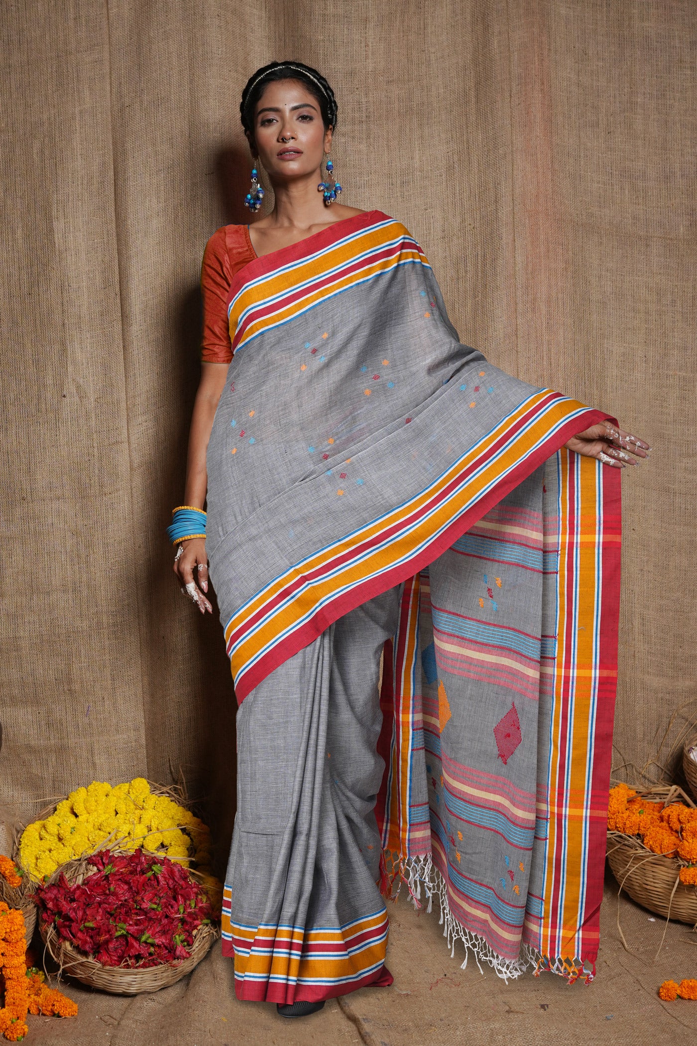 Grey Pure Handloom Nagaland Cotton Saree-UNM77591