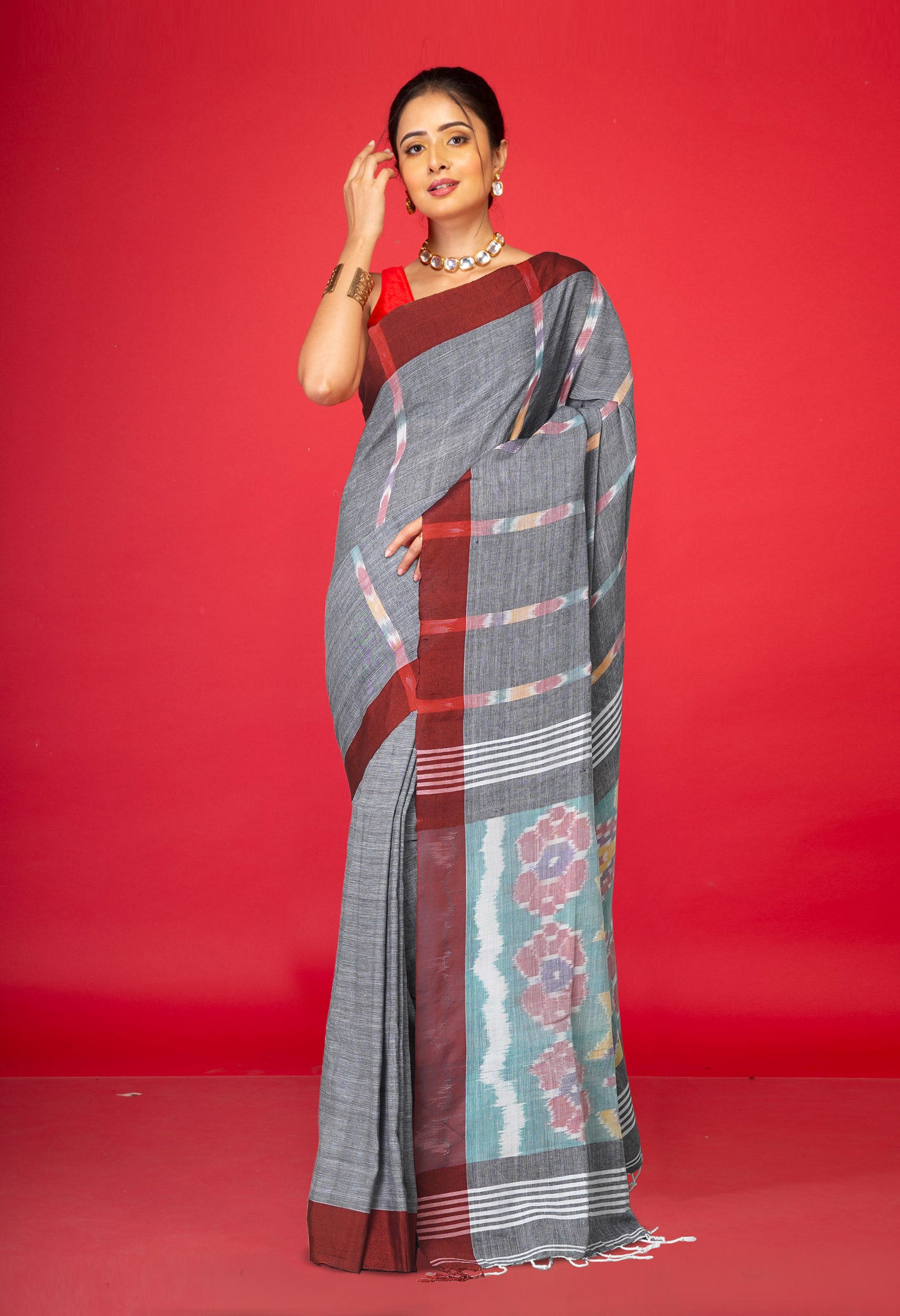 Grey Pure  Pochampally  Linen Saree-UNM77616