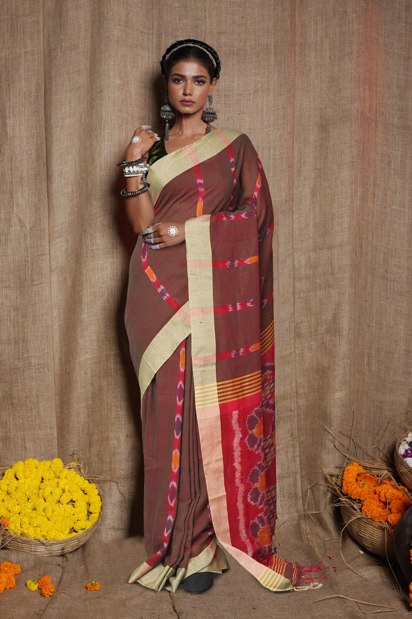 Red-Green Pure  Pochampally  Linen Saree-UNM77620