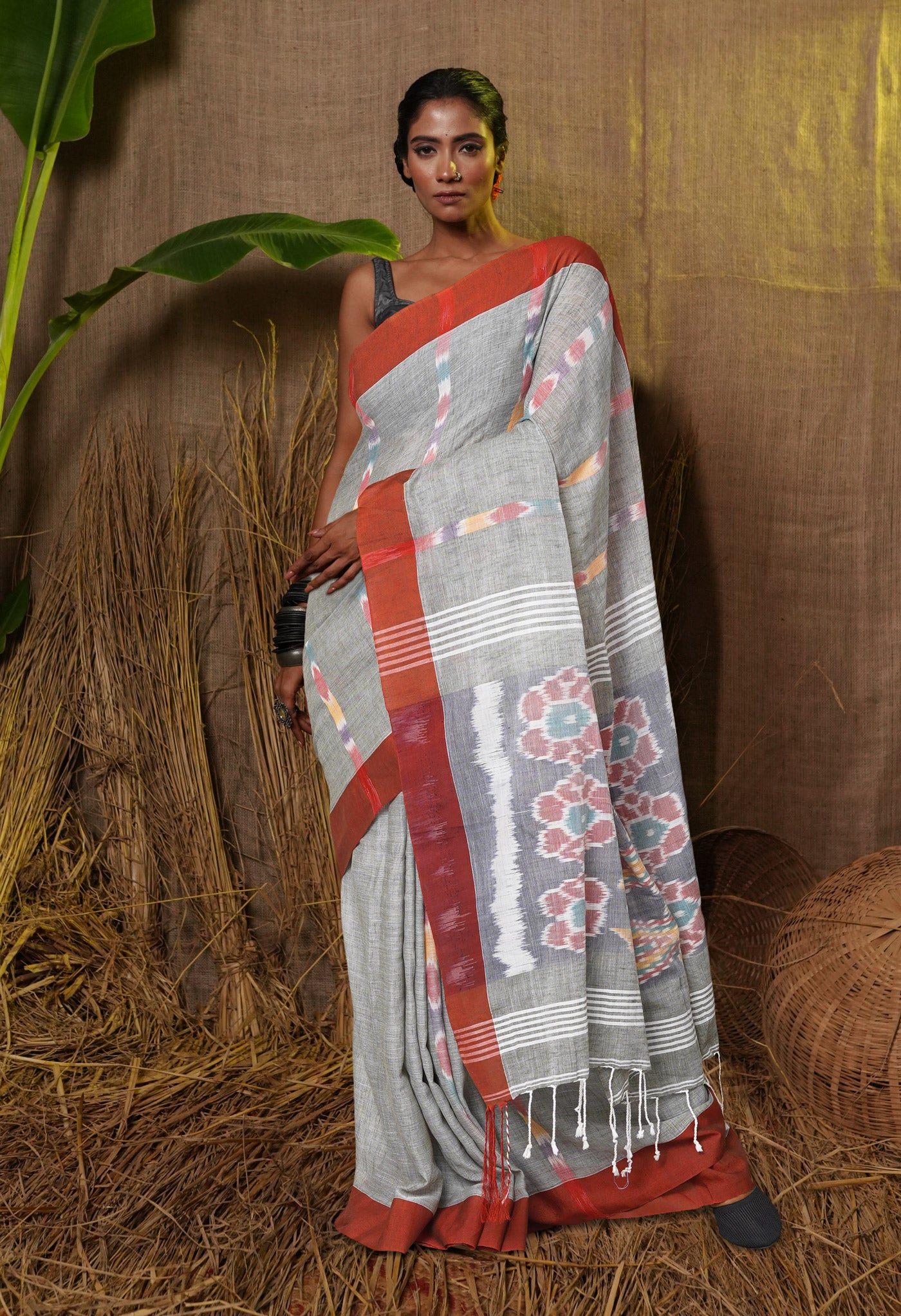 Grey Pure  Pochampally  Linen Saree-UNM77621