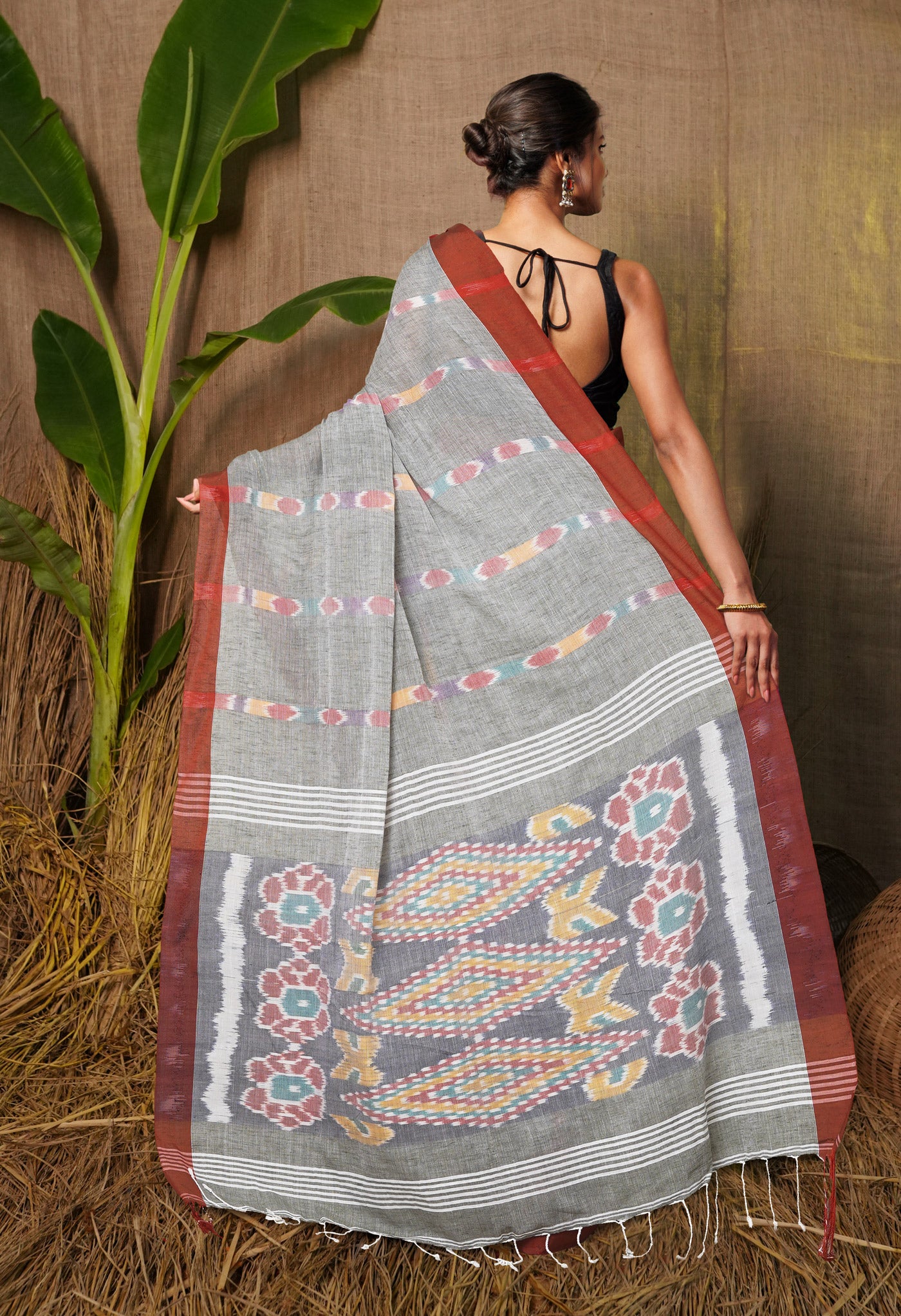 Grey Pure  Pochampally  Linen Saree-UNM77621