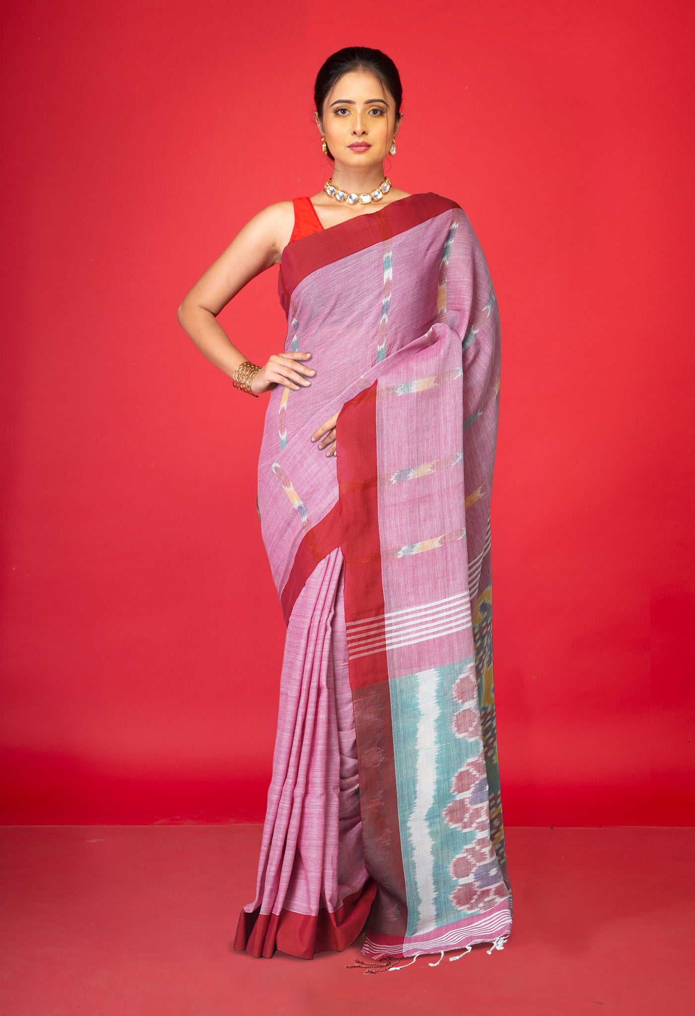 Pink Pure  Pochampally  Linen Saree-UNM77622