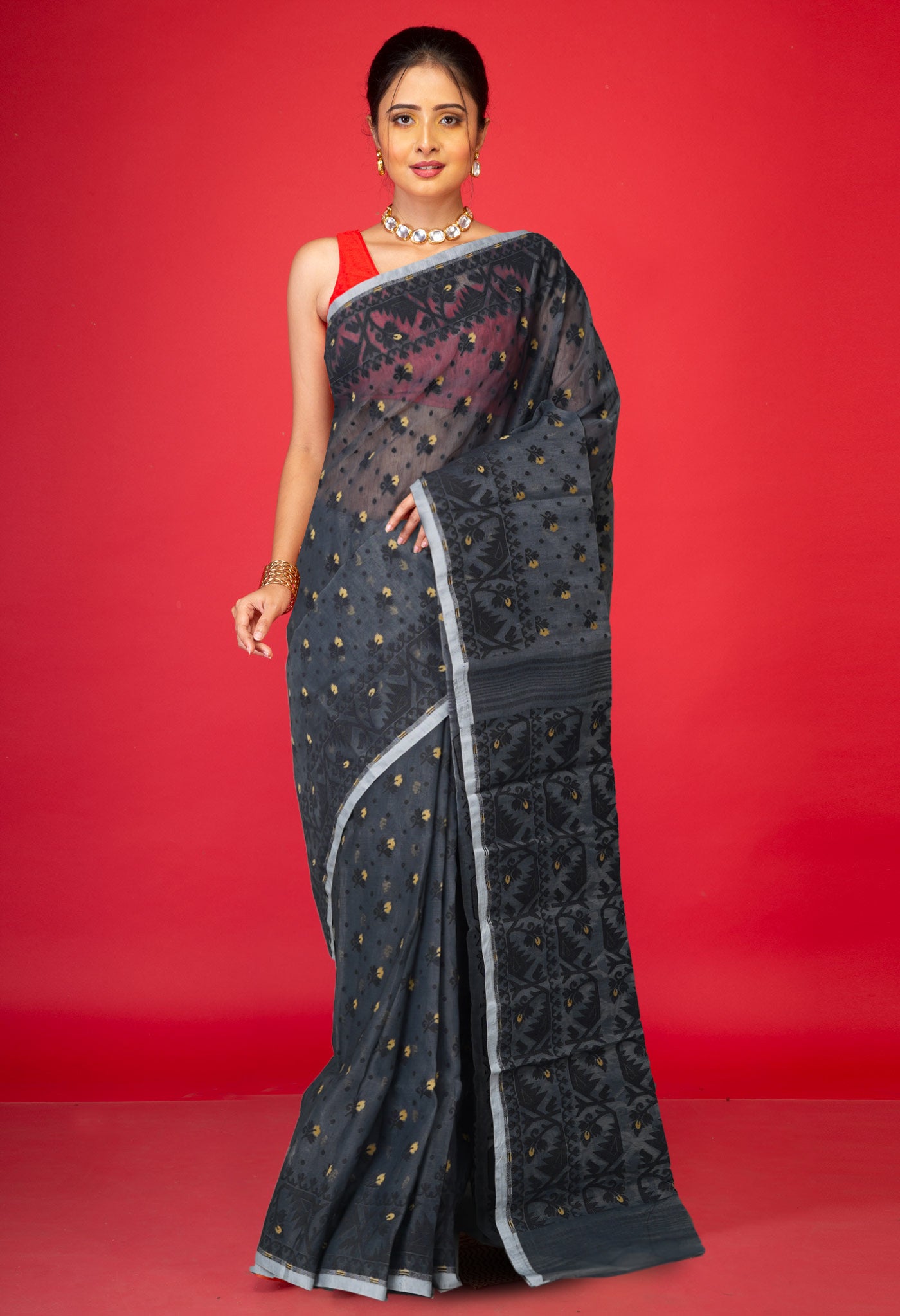 Black Pure Handloom Dhakai Jamdhani Cotton Saree-UNM77756