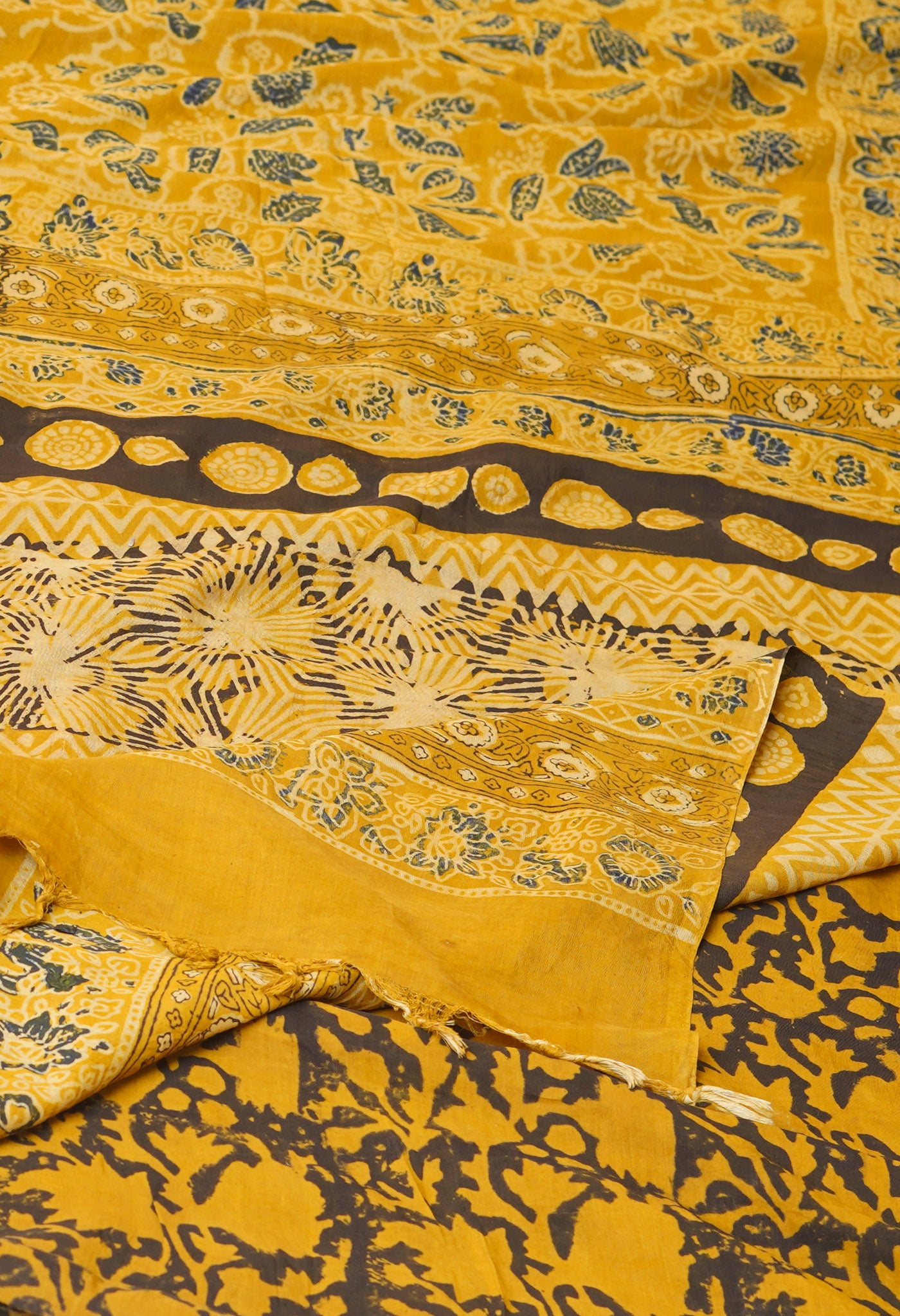 Yellow Pure  Ajrakh Printed Soft Silk Saree