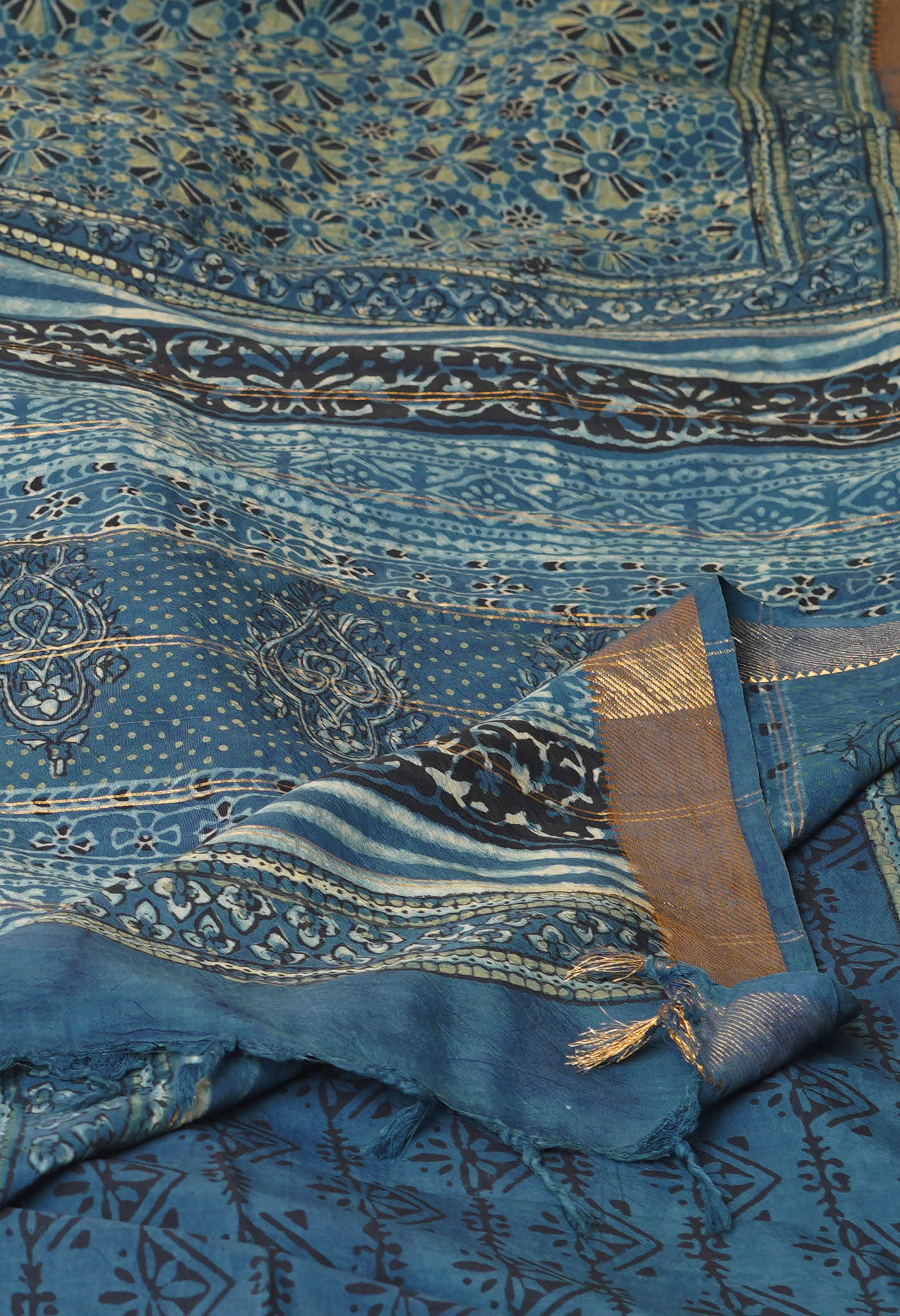 Blue Pure  Ajrakh Printed Soft Silk Saree